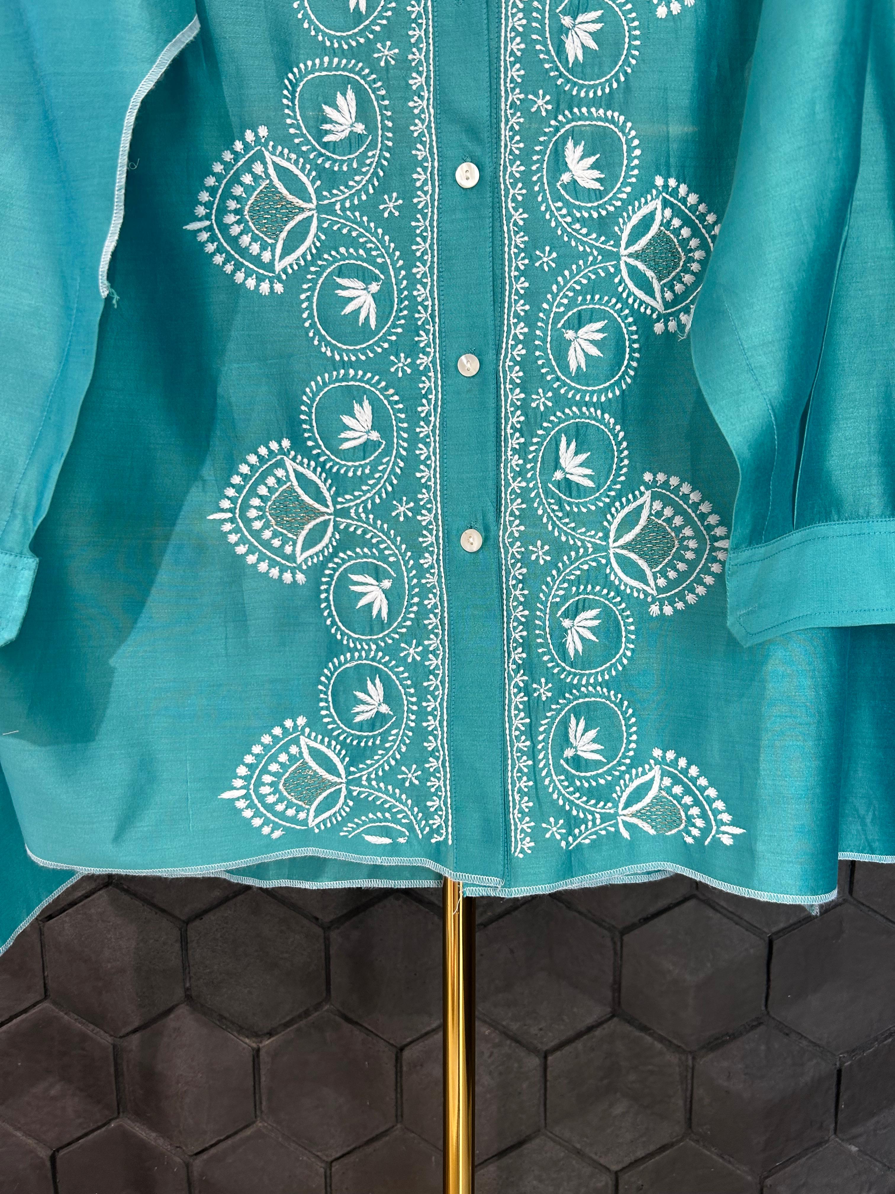 Green chanderi chikankari shirt