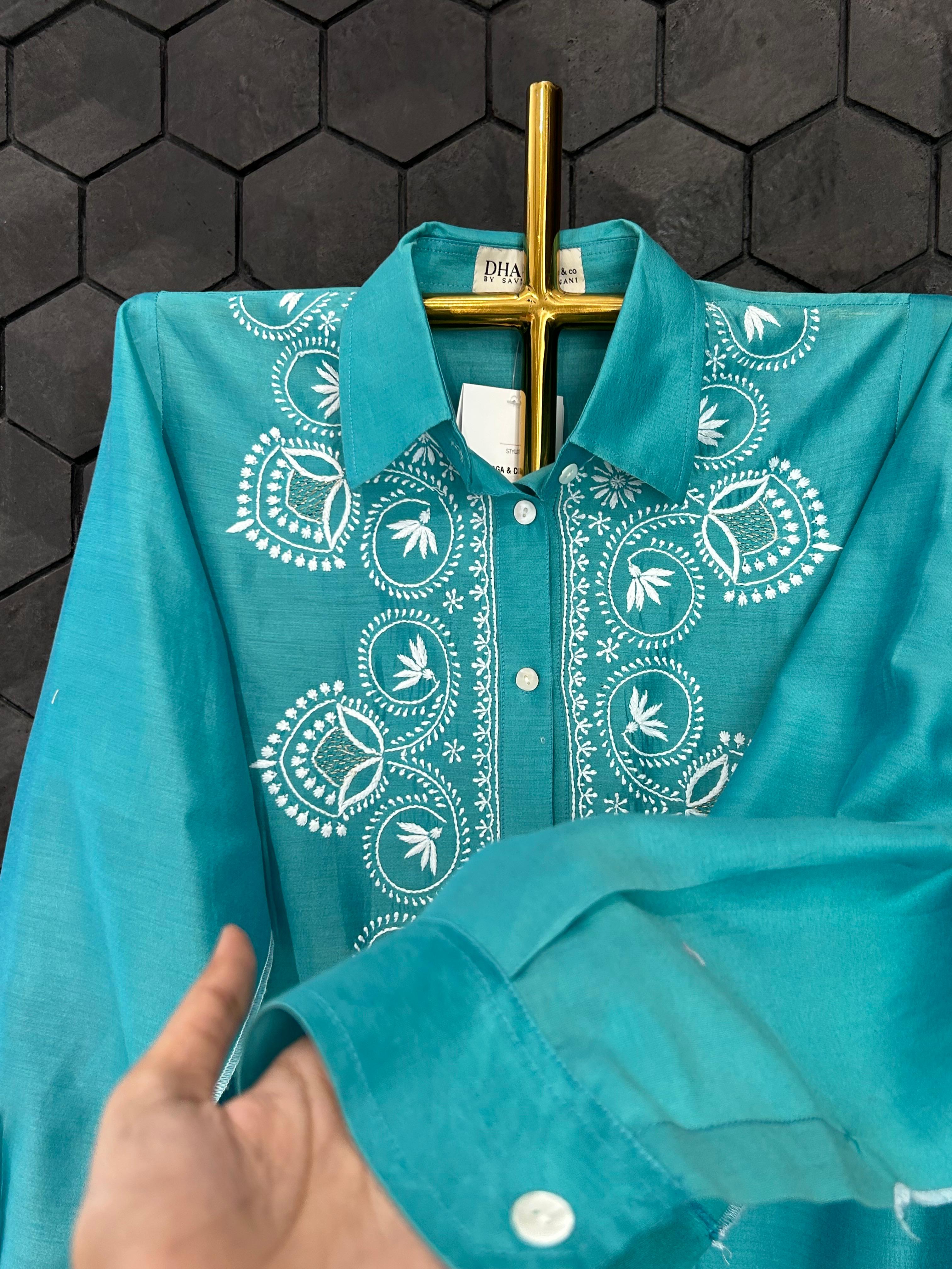 Green chanderi chikankari shirt