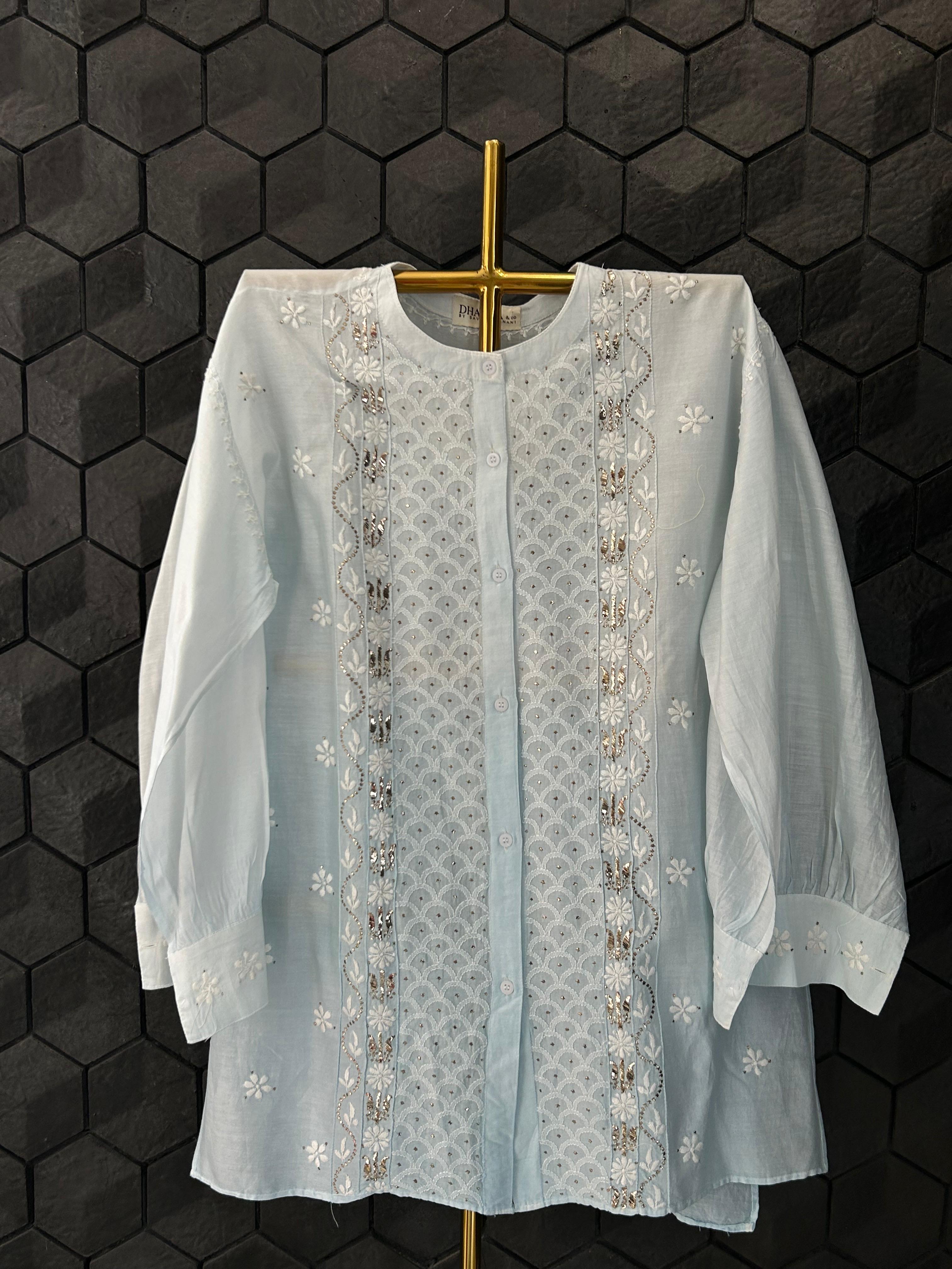 Blue Chanderi Mukaish Chikankari Co-ord Set