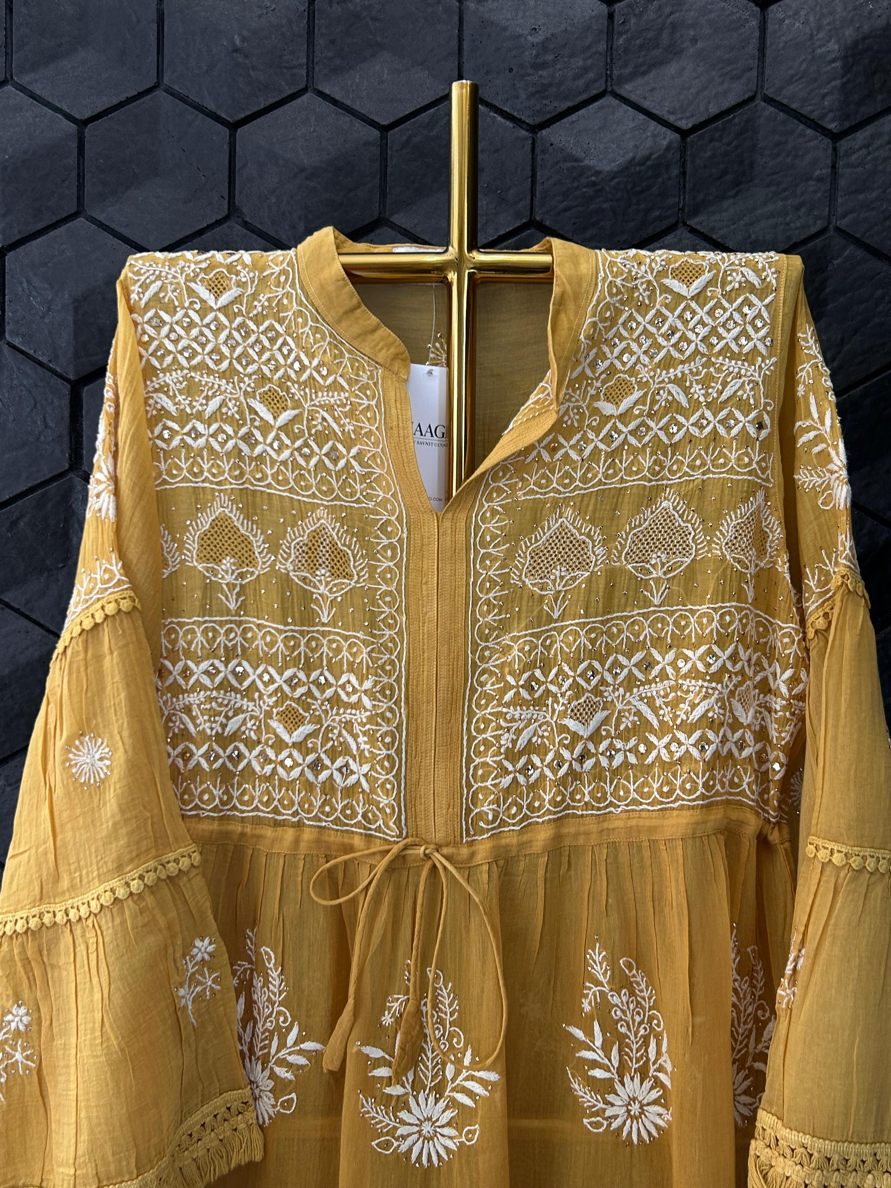 Mustard Chanderi Chikankari  Mukaish Dress