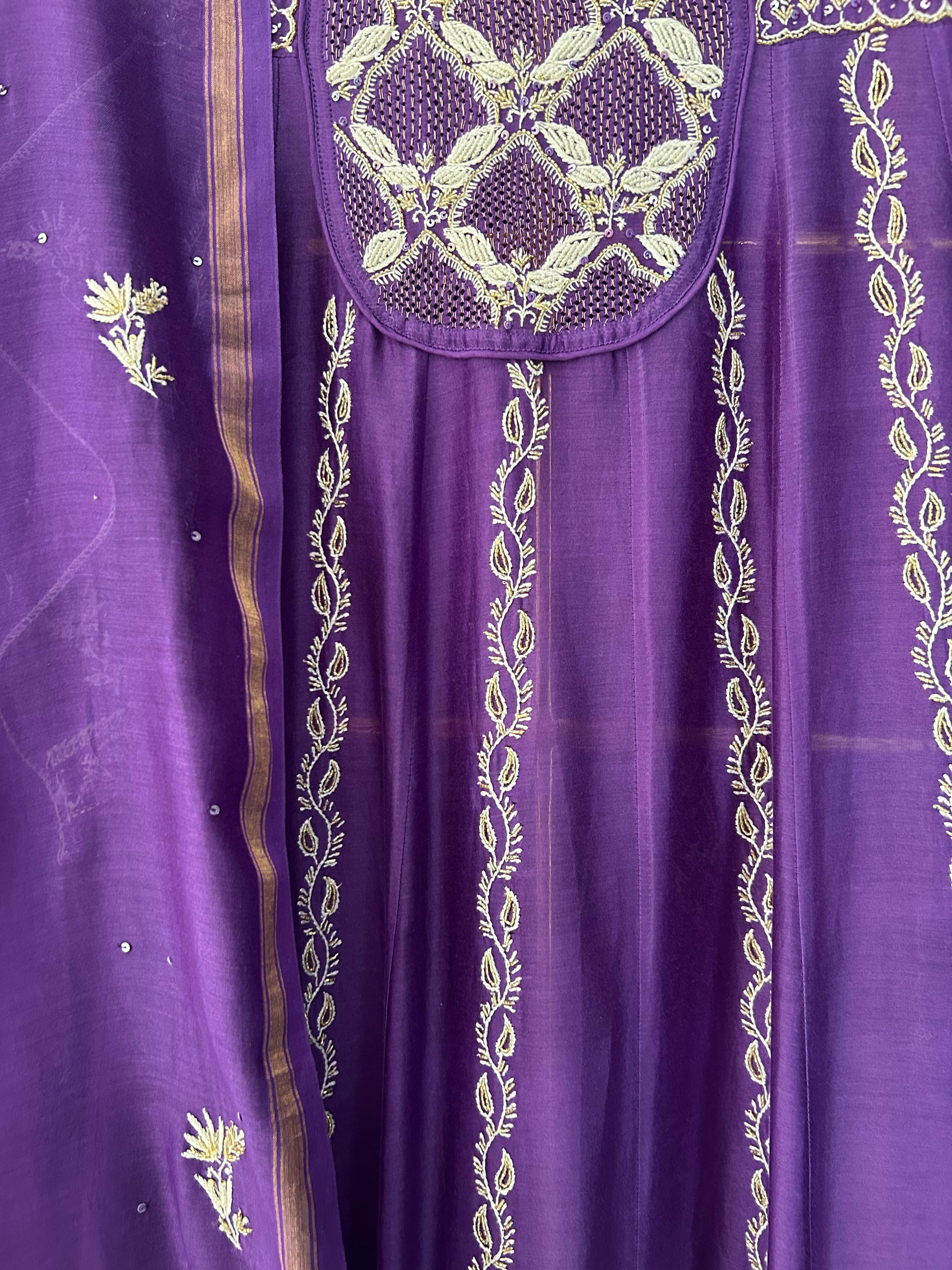 Purple chanderi chikankari anarkali set