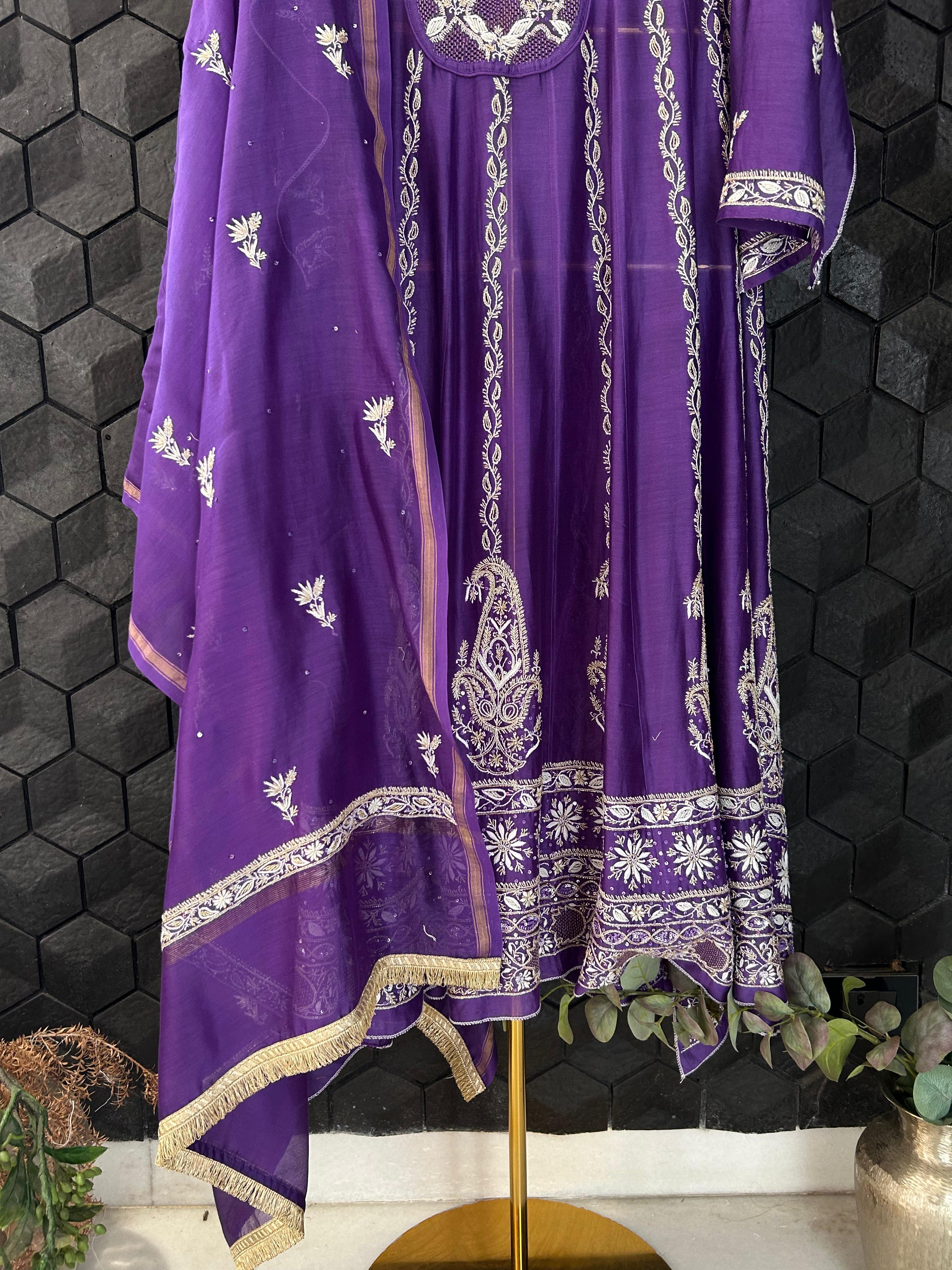 Purple chanderi chikankari anarkali set