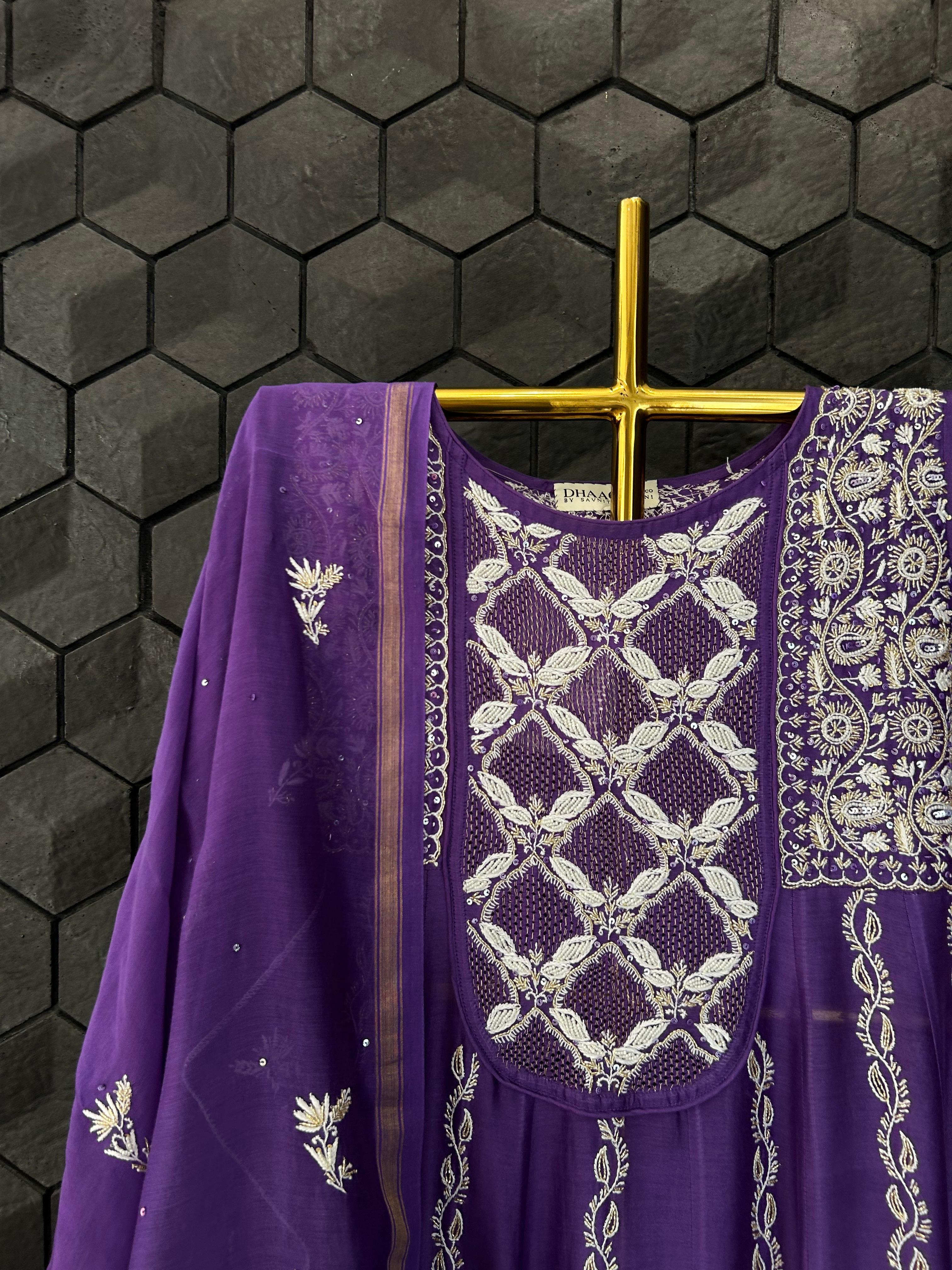Purple chanderi chikankari anarkali set