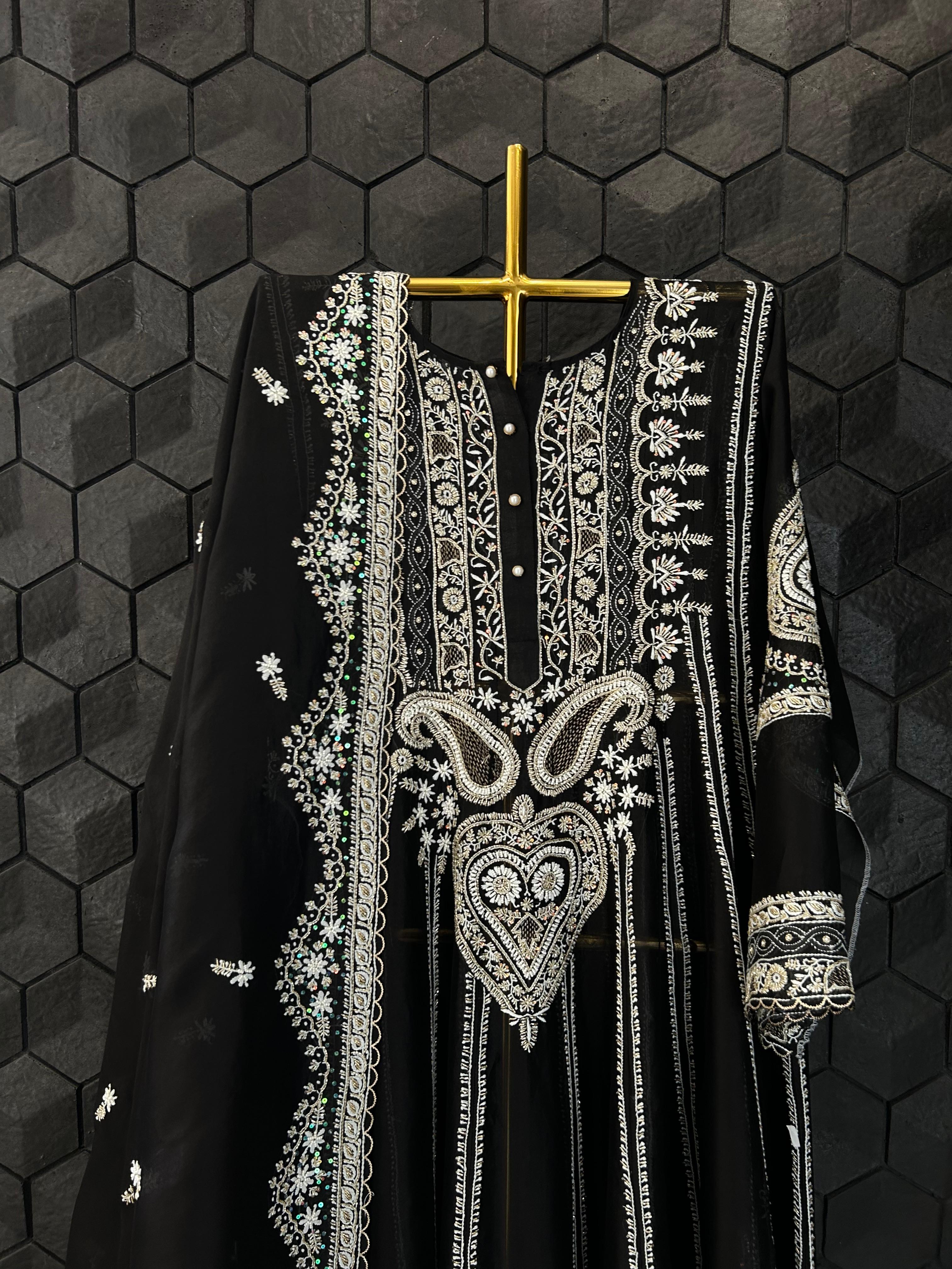 Black organza chikankari anarkali set