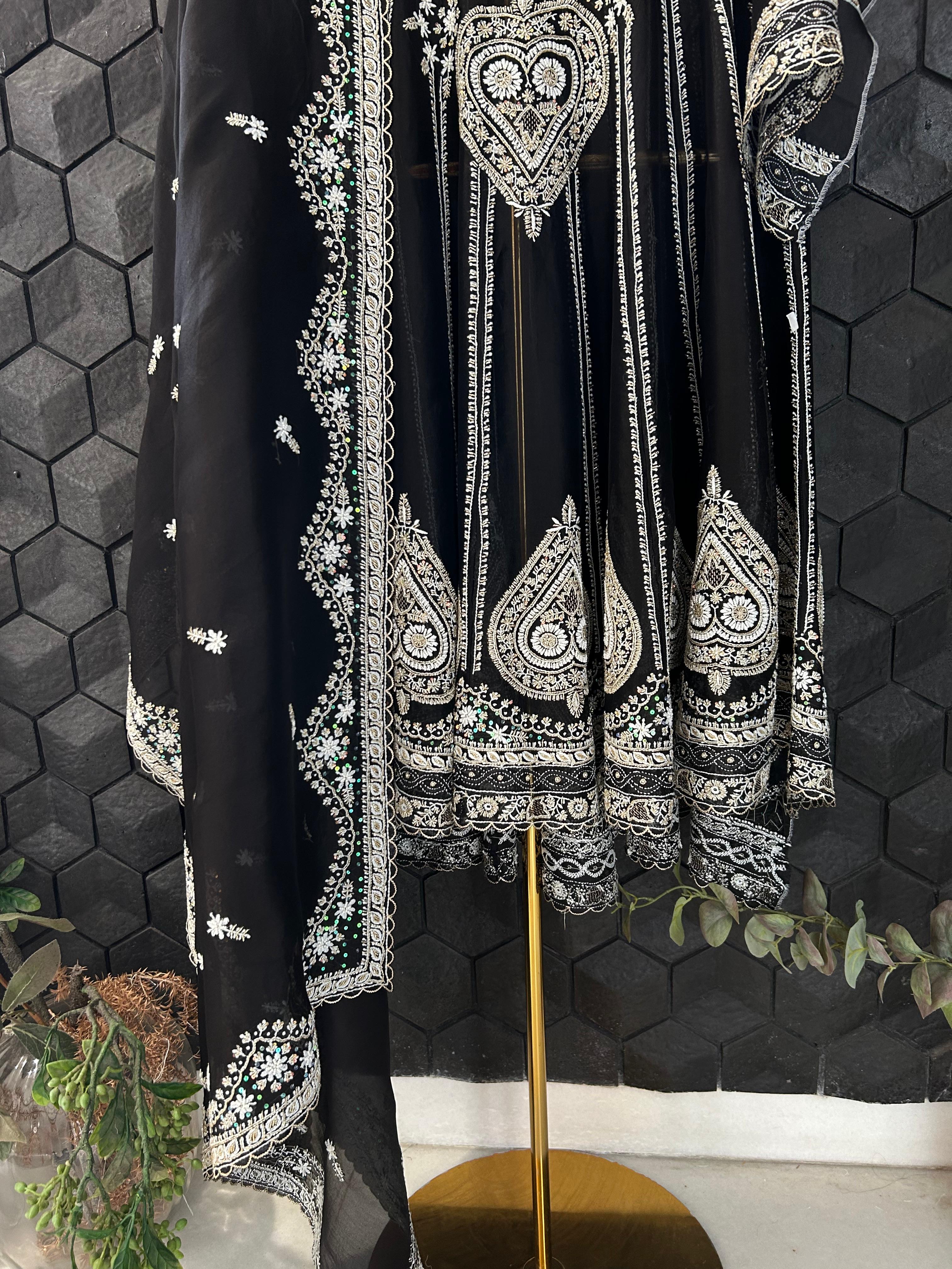 Black organza chikankari anarkali set
