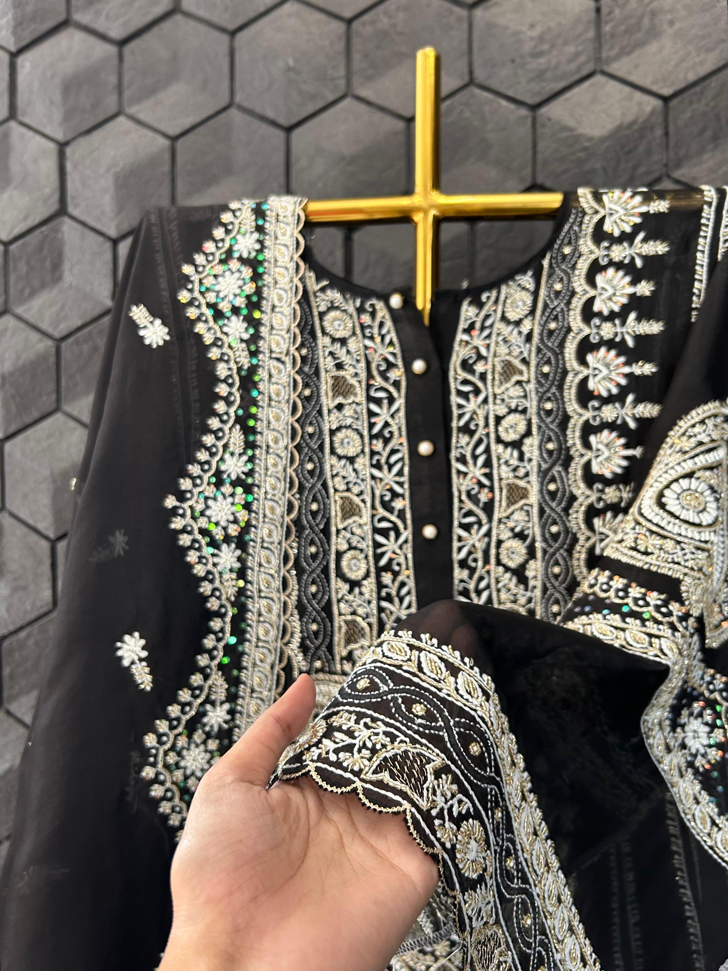 Black organza chikankari anarkali set