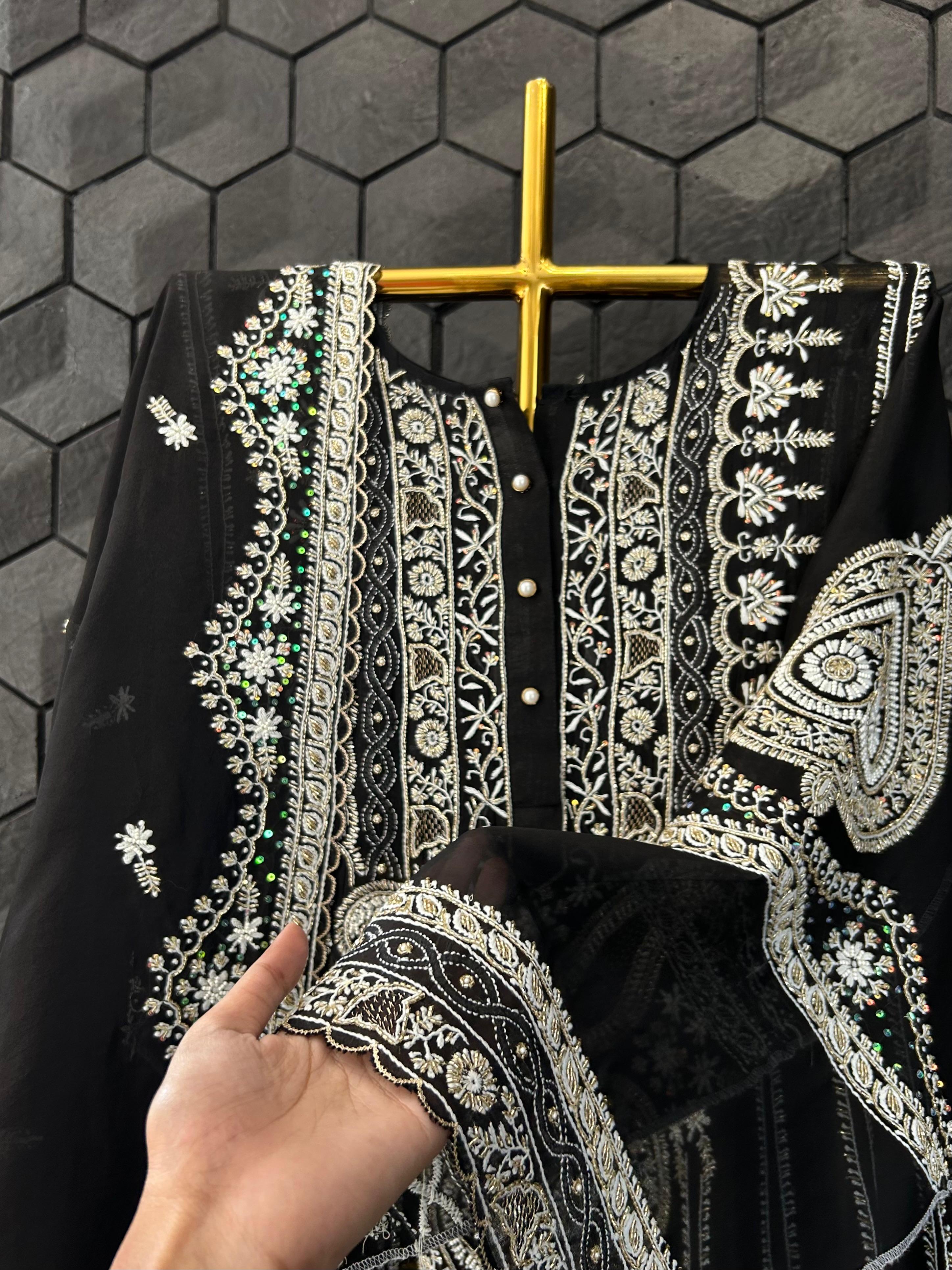 Black organza chikankari anarkali set