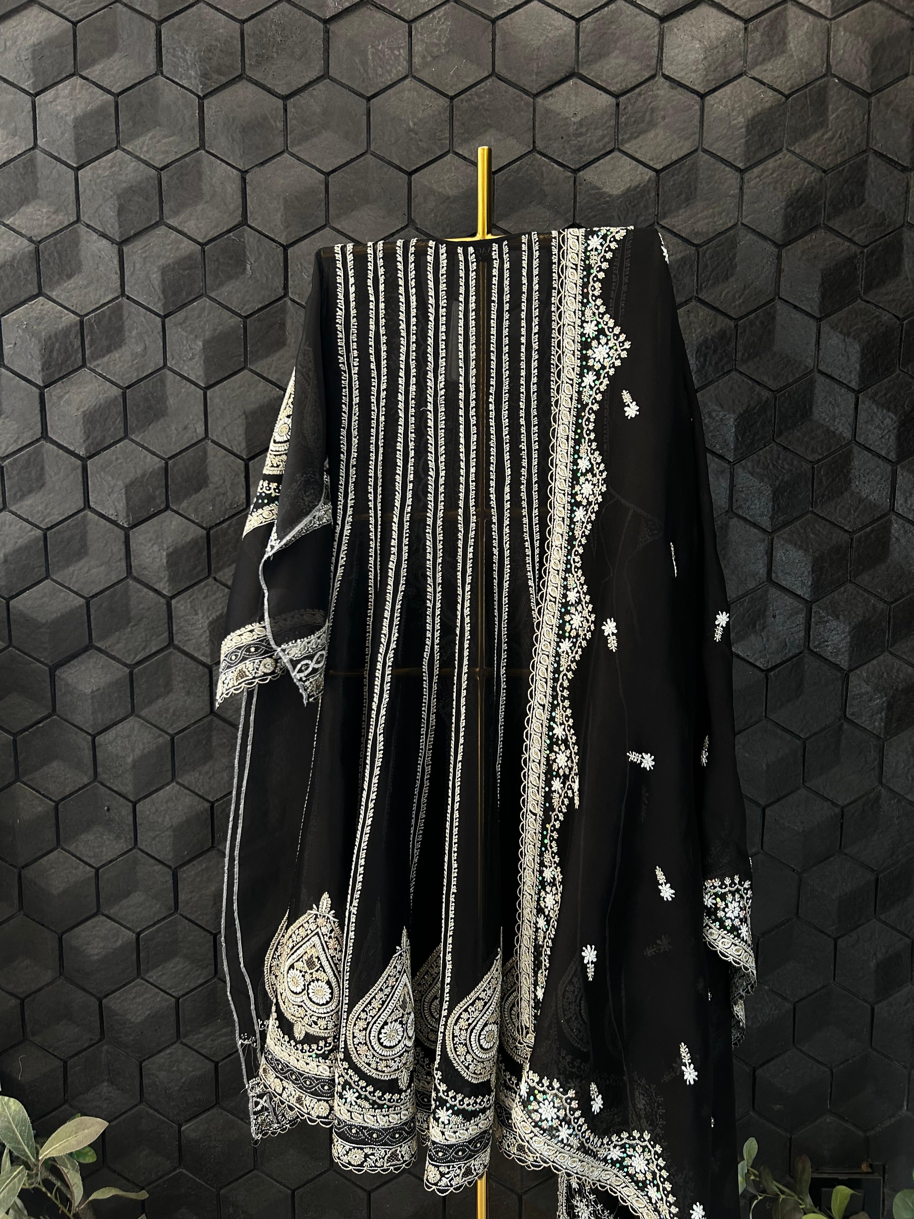 Black organza chikankari anarkali set