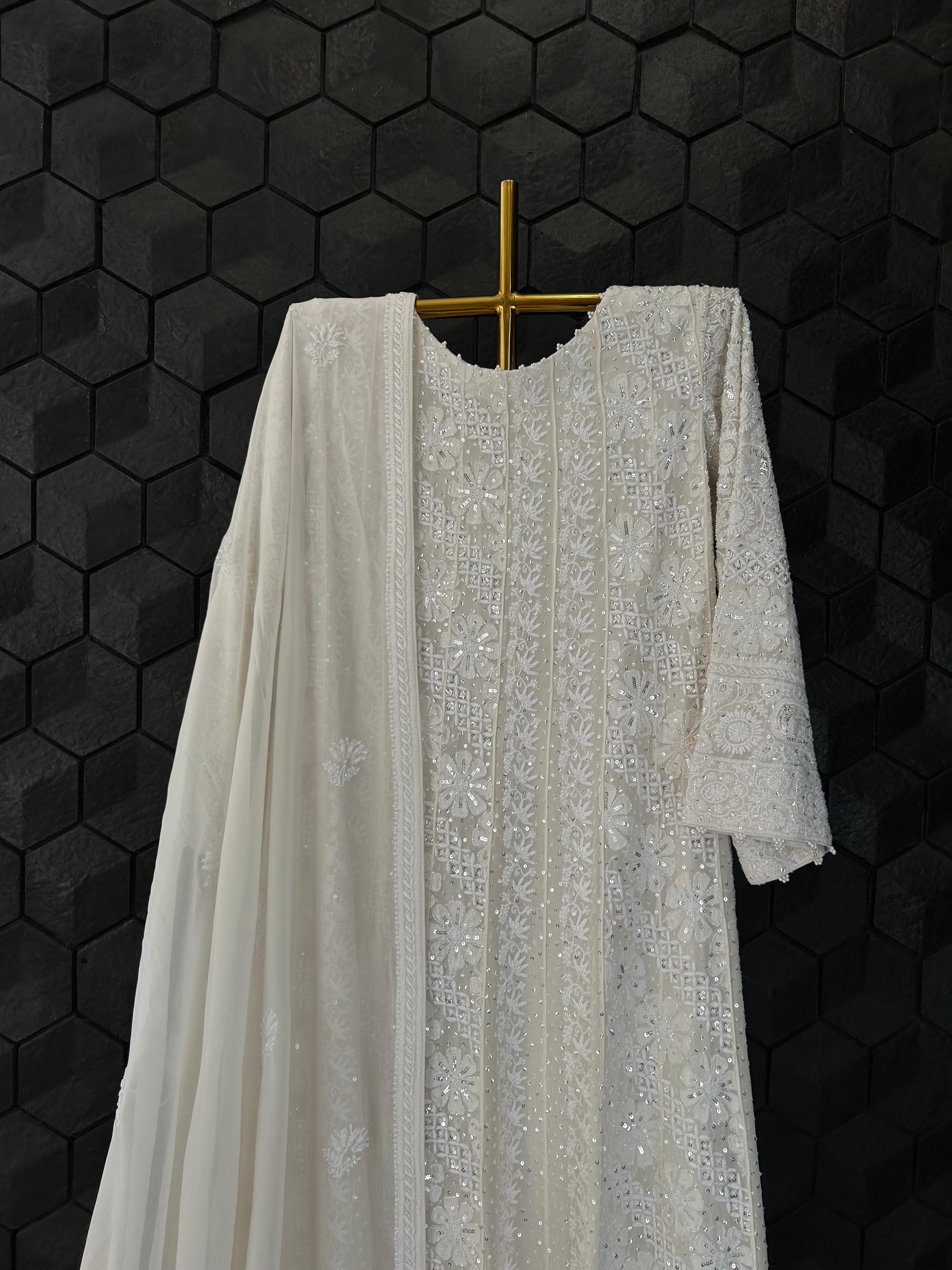 white georgette chikankari anarkali set