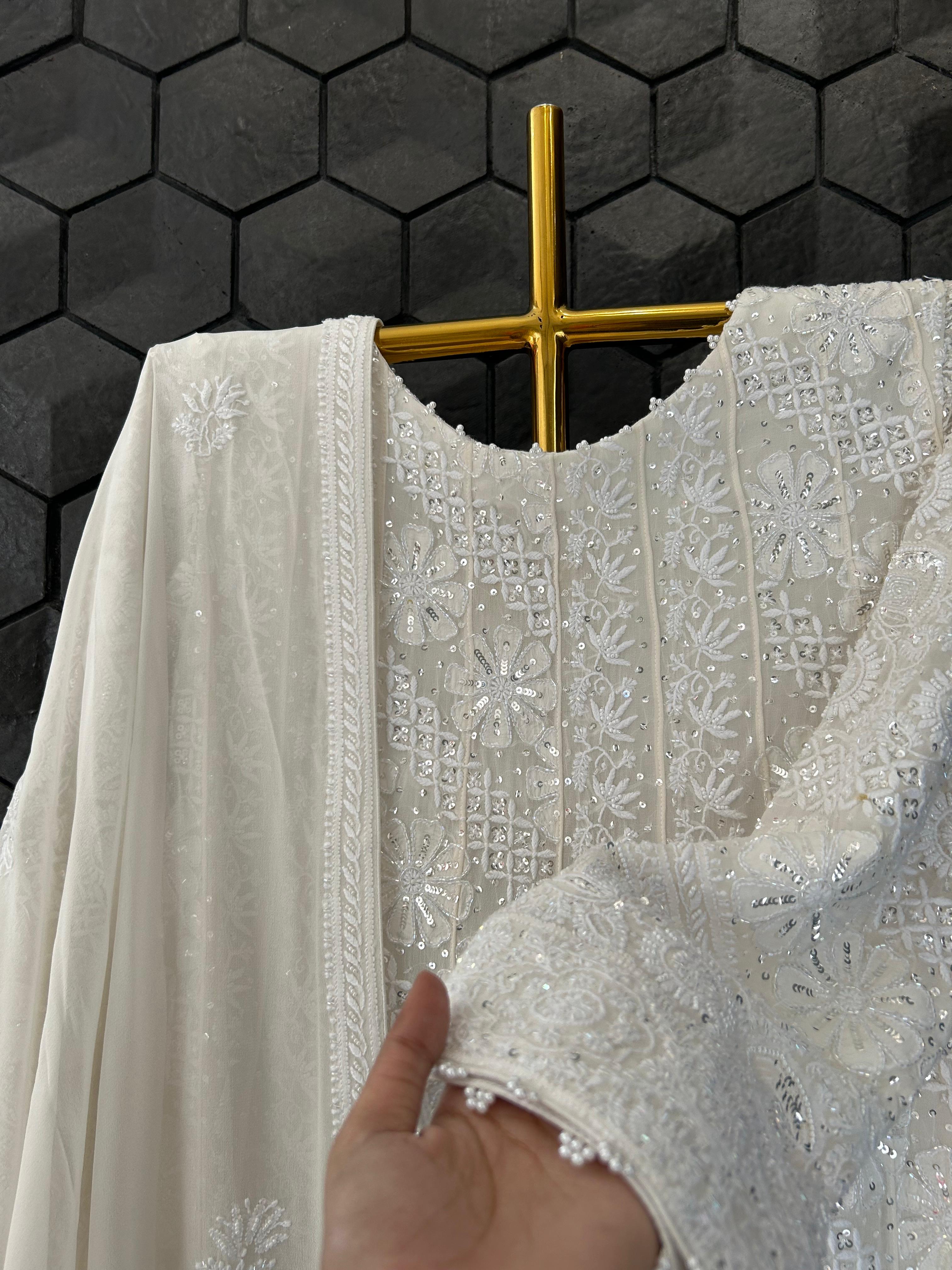 white georgette chikankari anarkali set