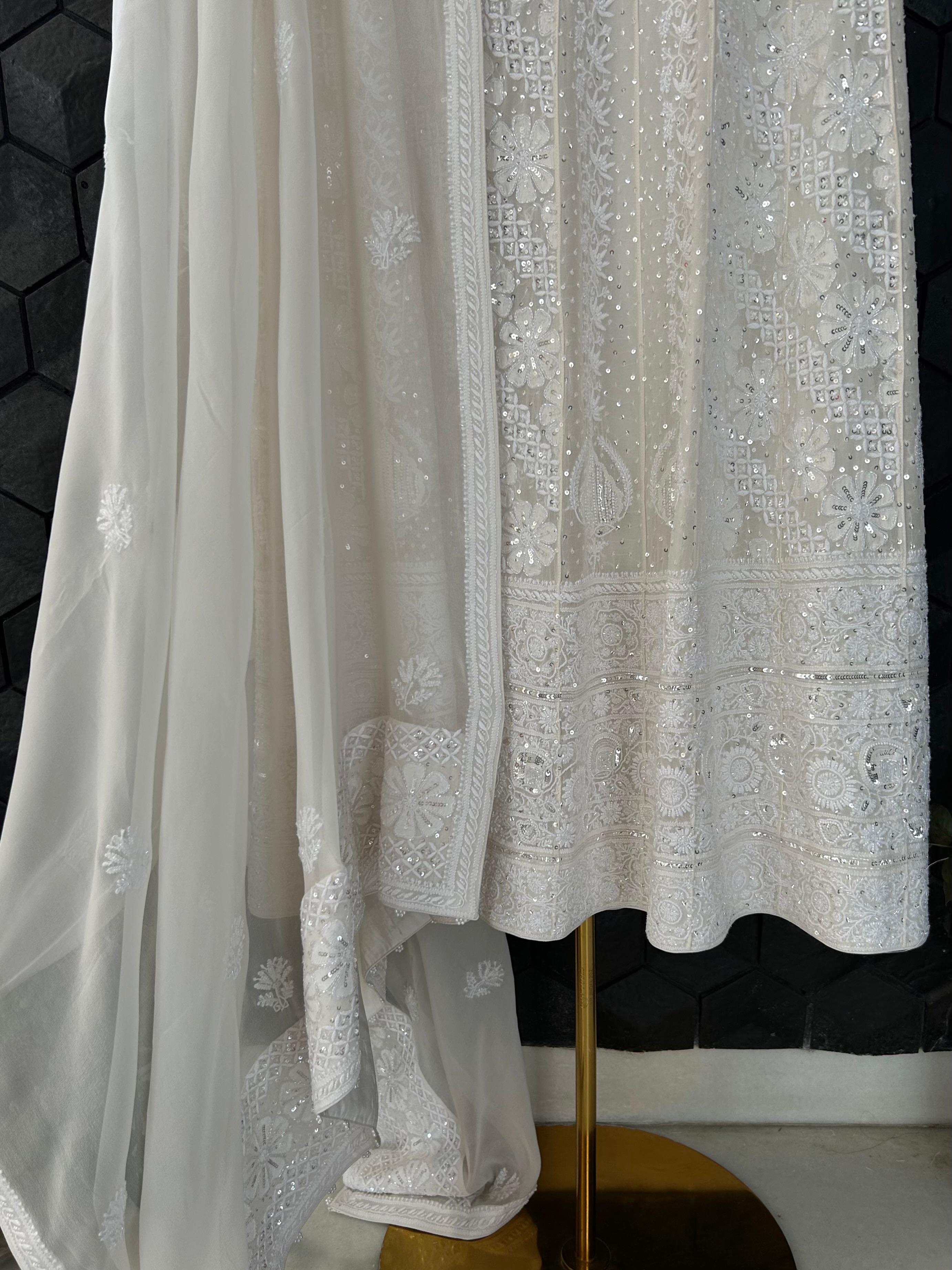 white georgette chikankari anarkali set