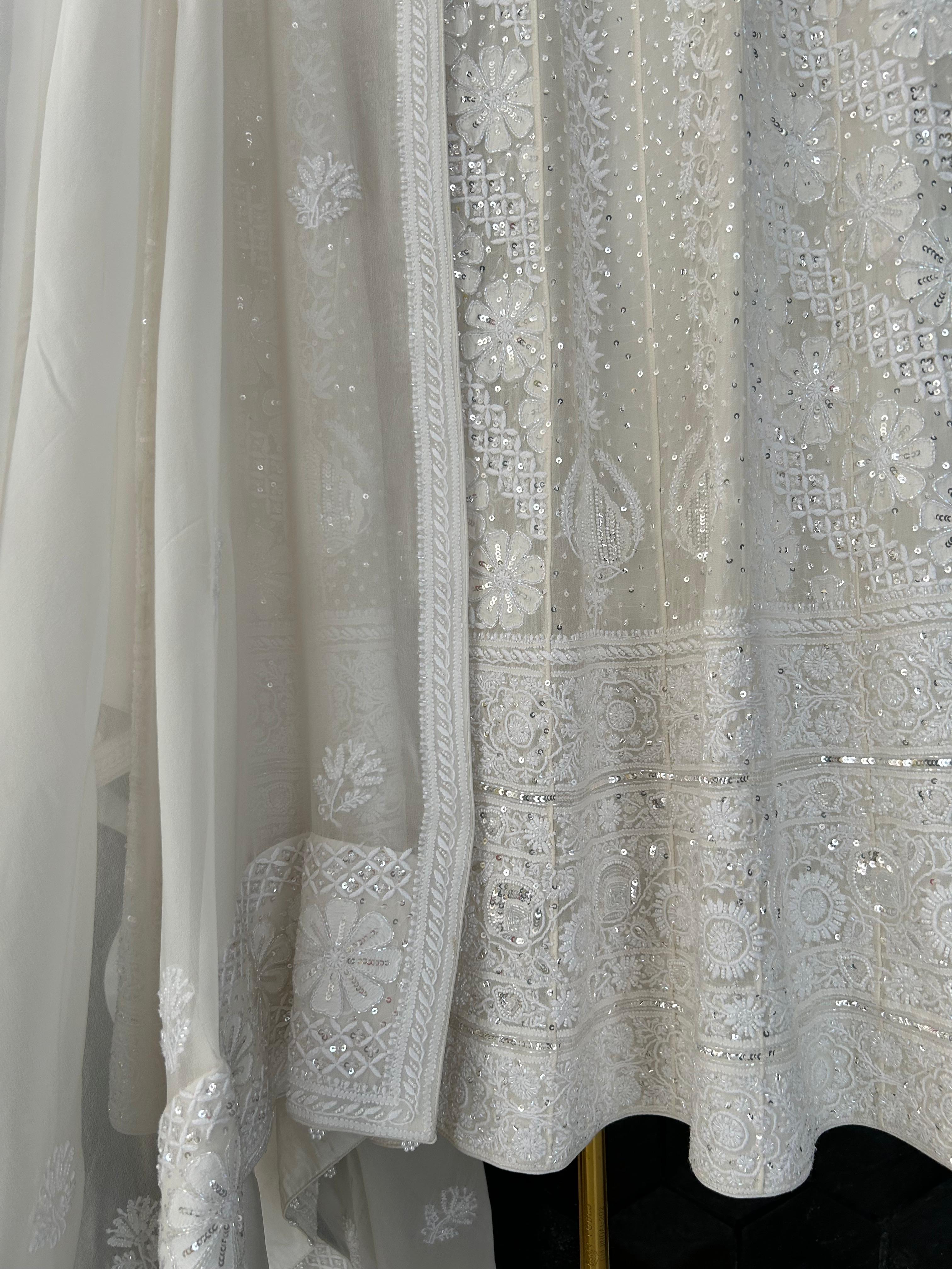 white georgette chikankari anarkali set