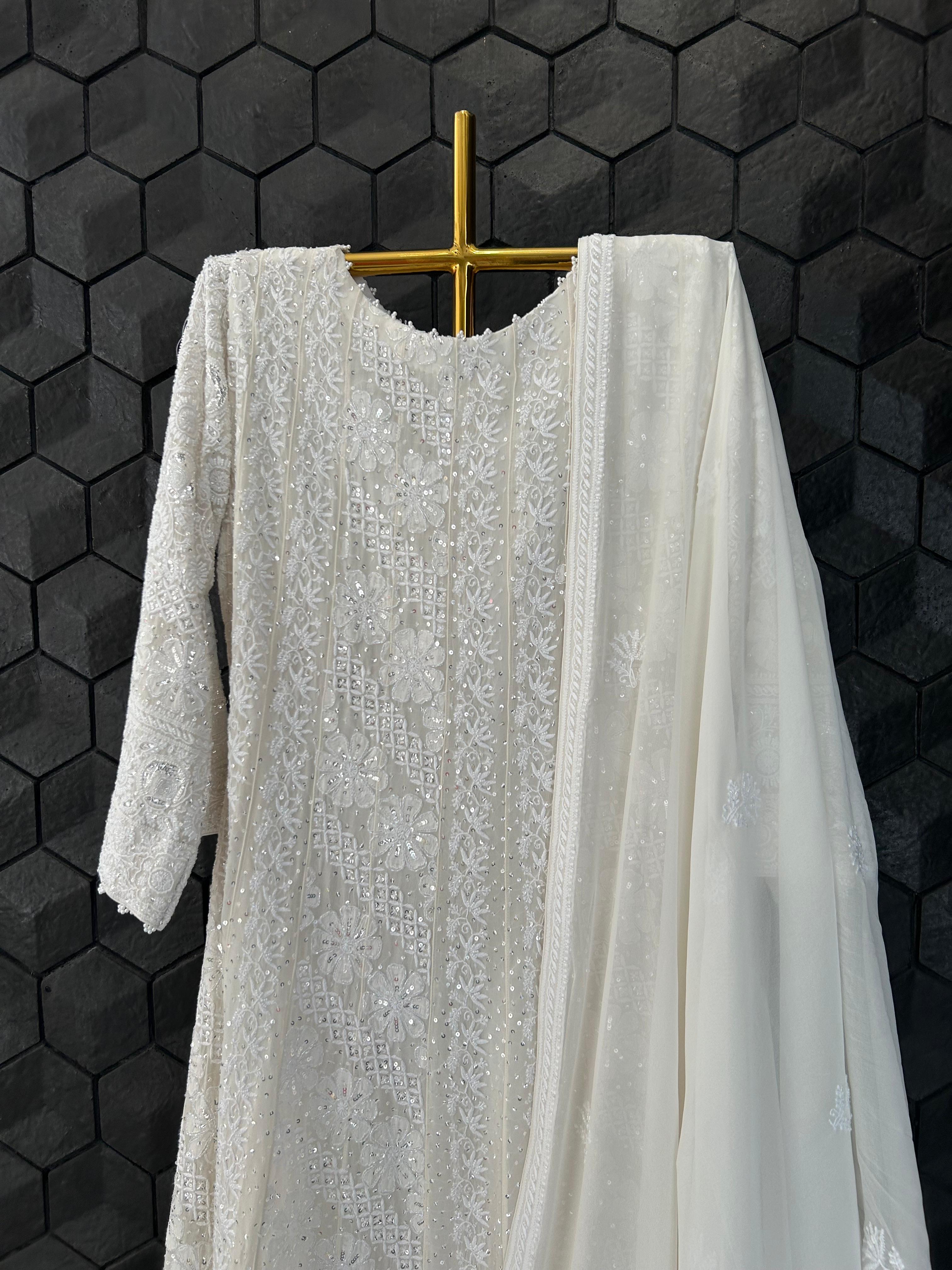 white georgette chikankari anarkali set