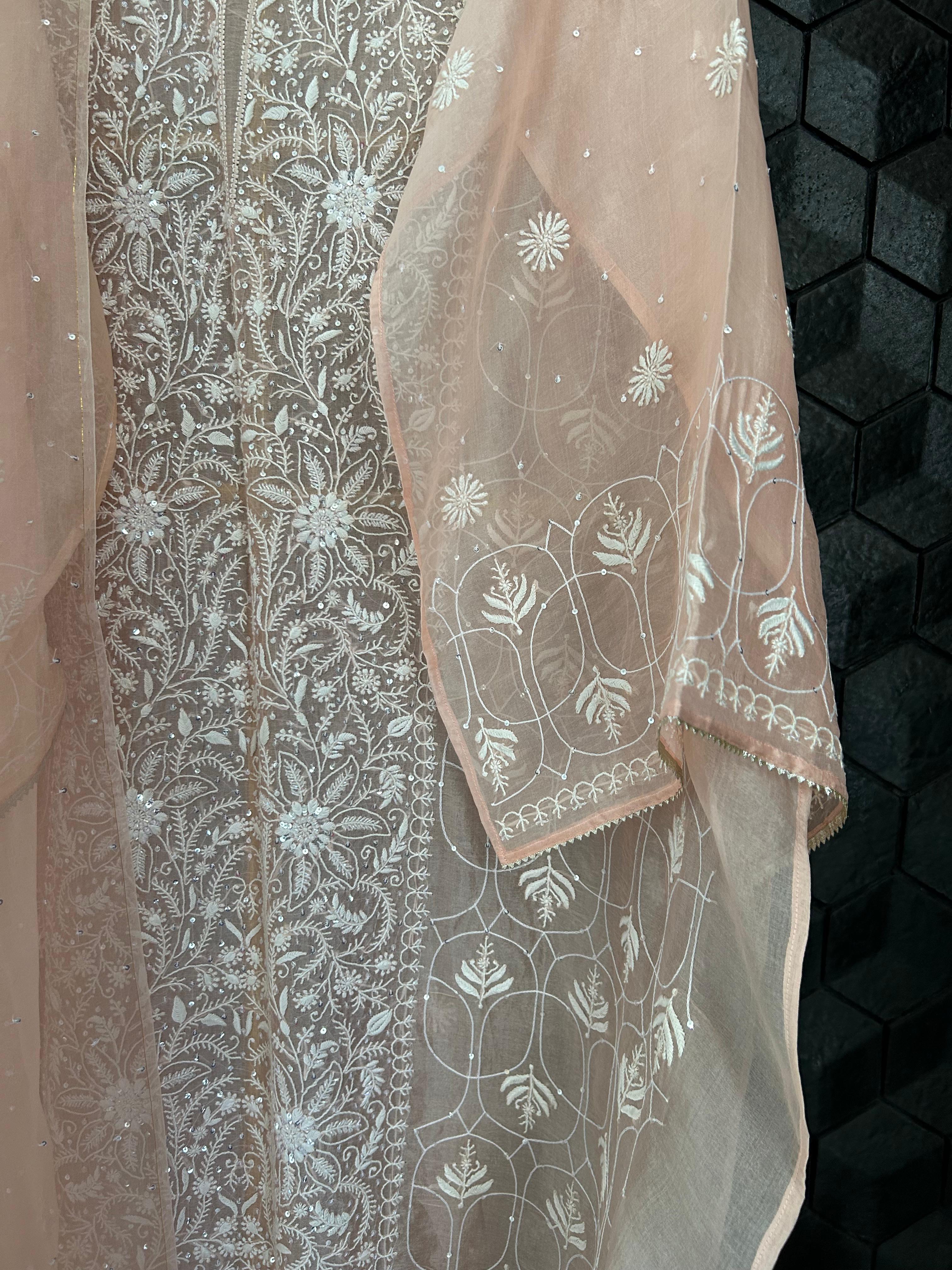 Peach organza chikankari kurta set