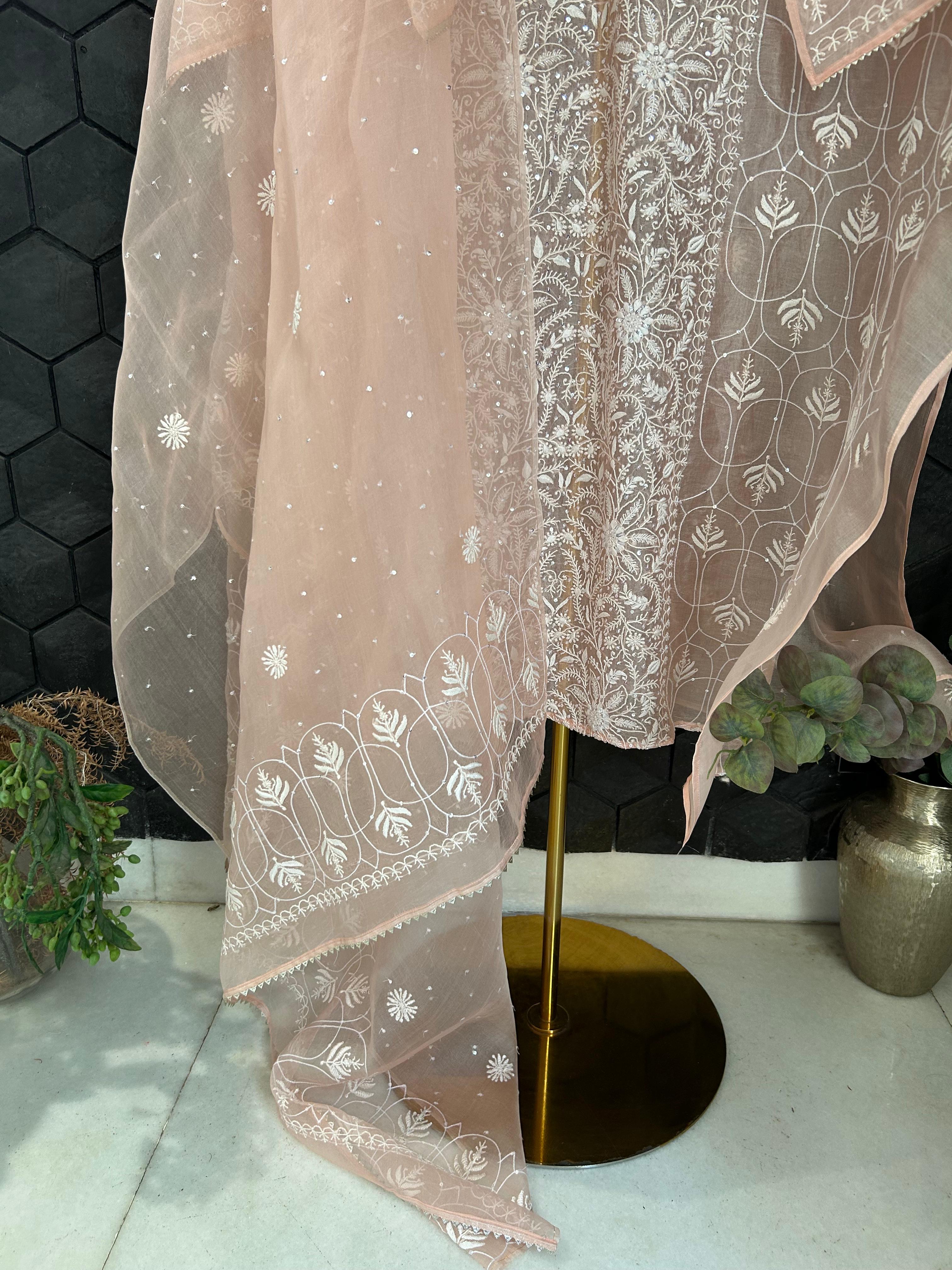 Peach organza chikankari kurta set