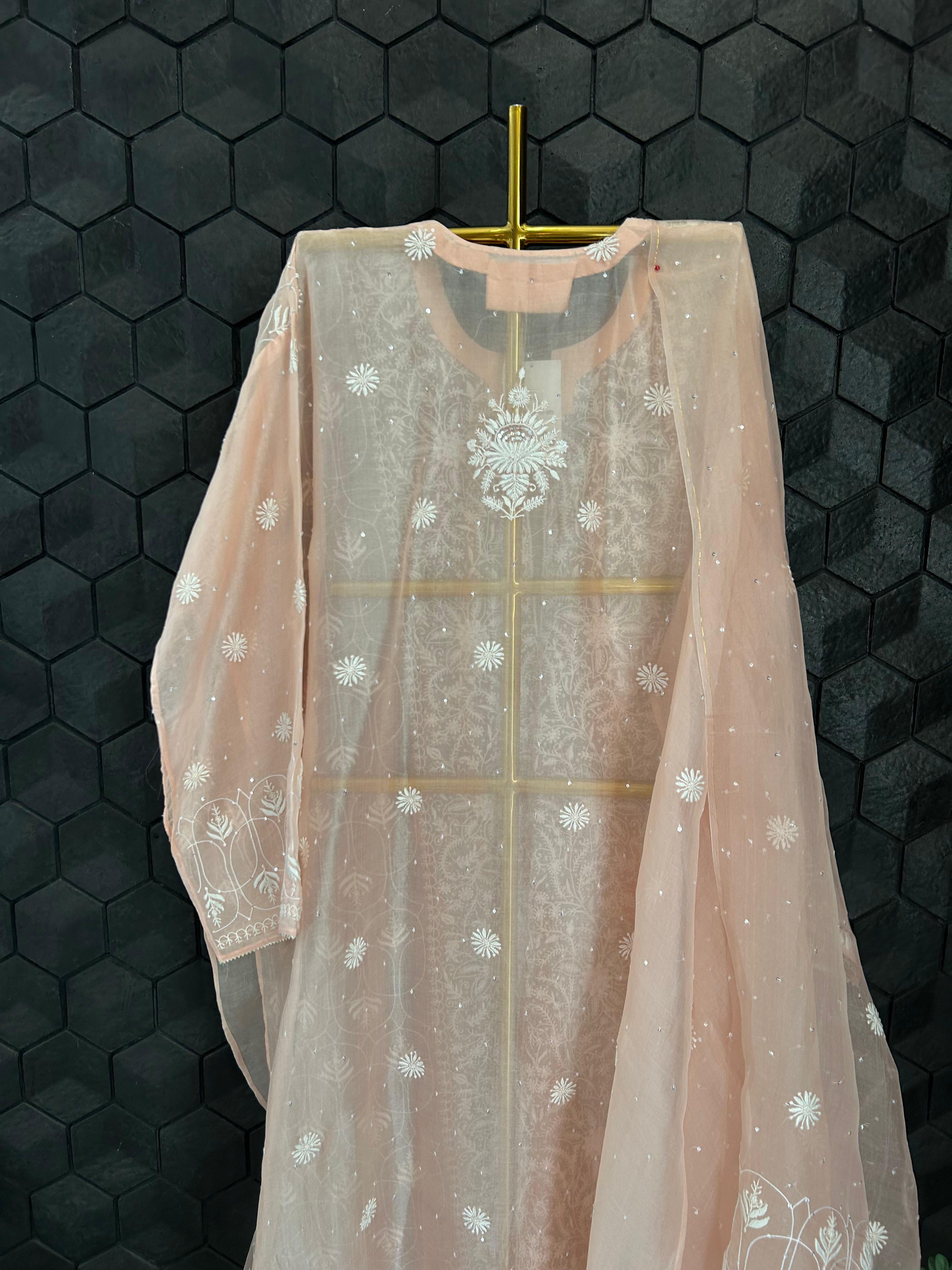 Peach organza chikankari kurta set