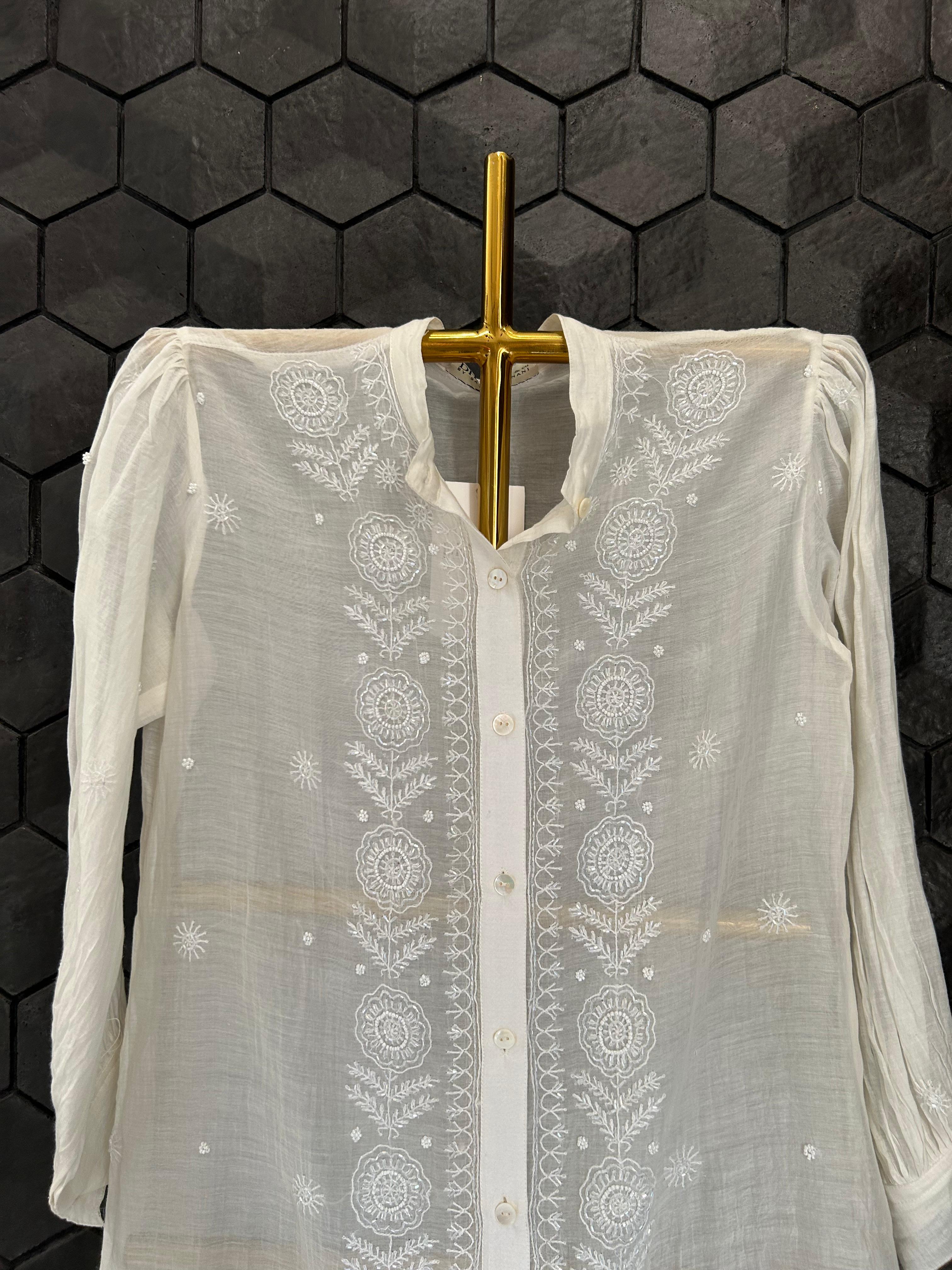 White mul chanderi chikankari co-ord set