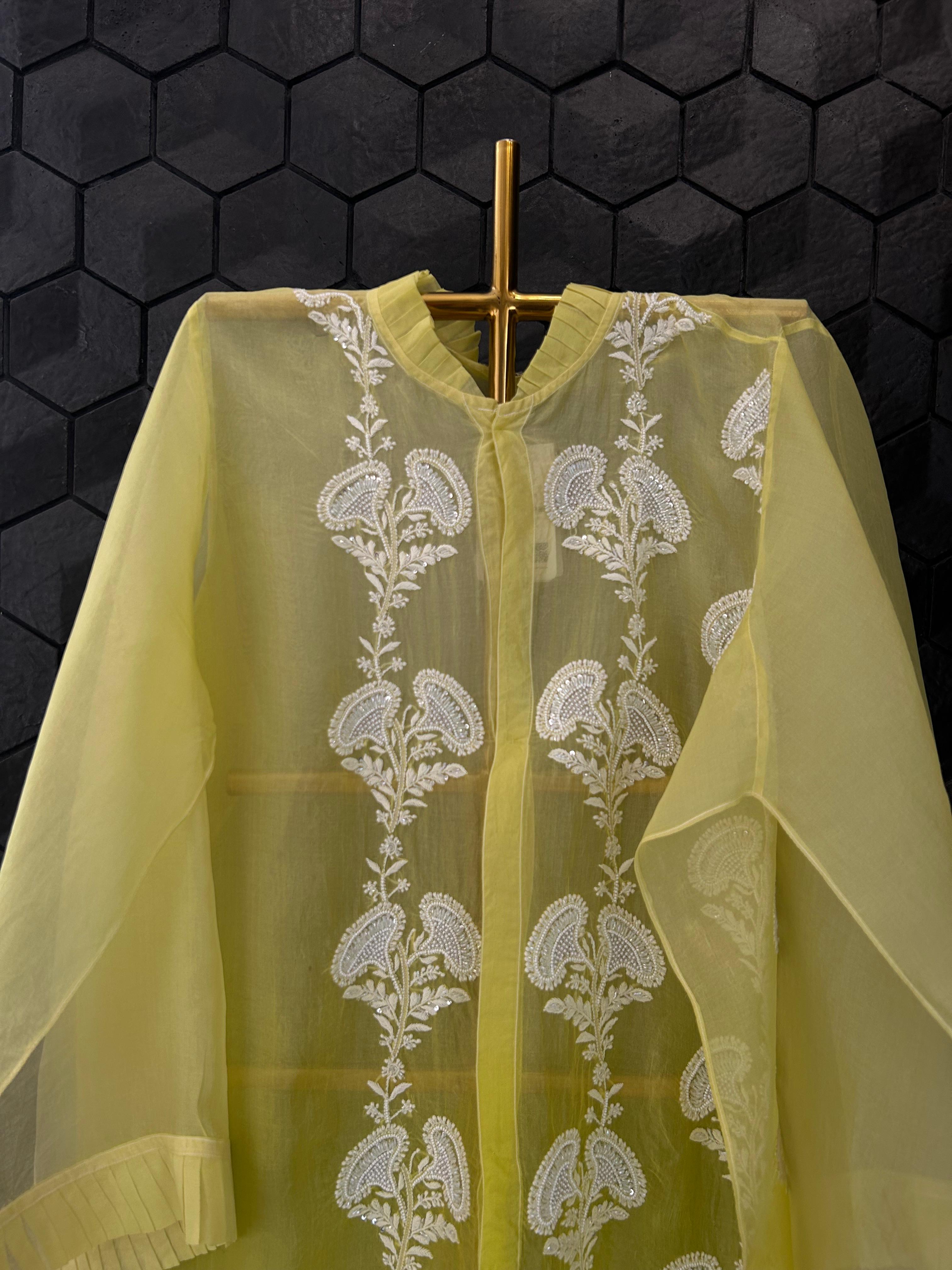 Lime green organza chikankari shirt