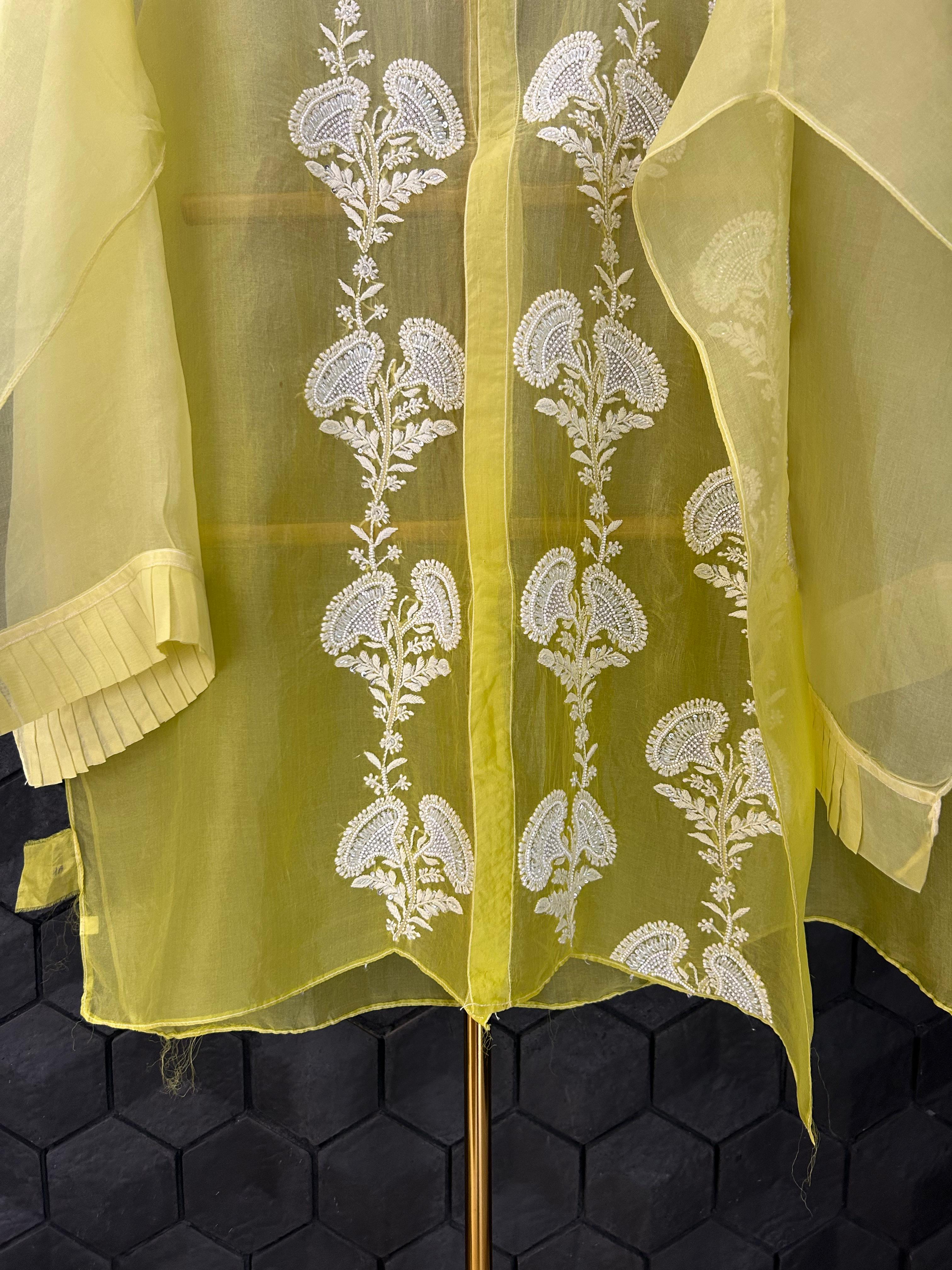 Lime green organza chikankari shirt