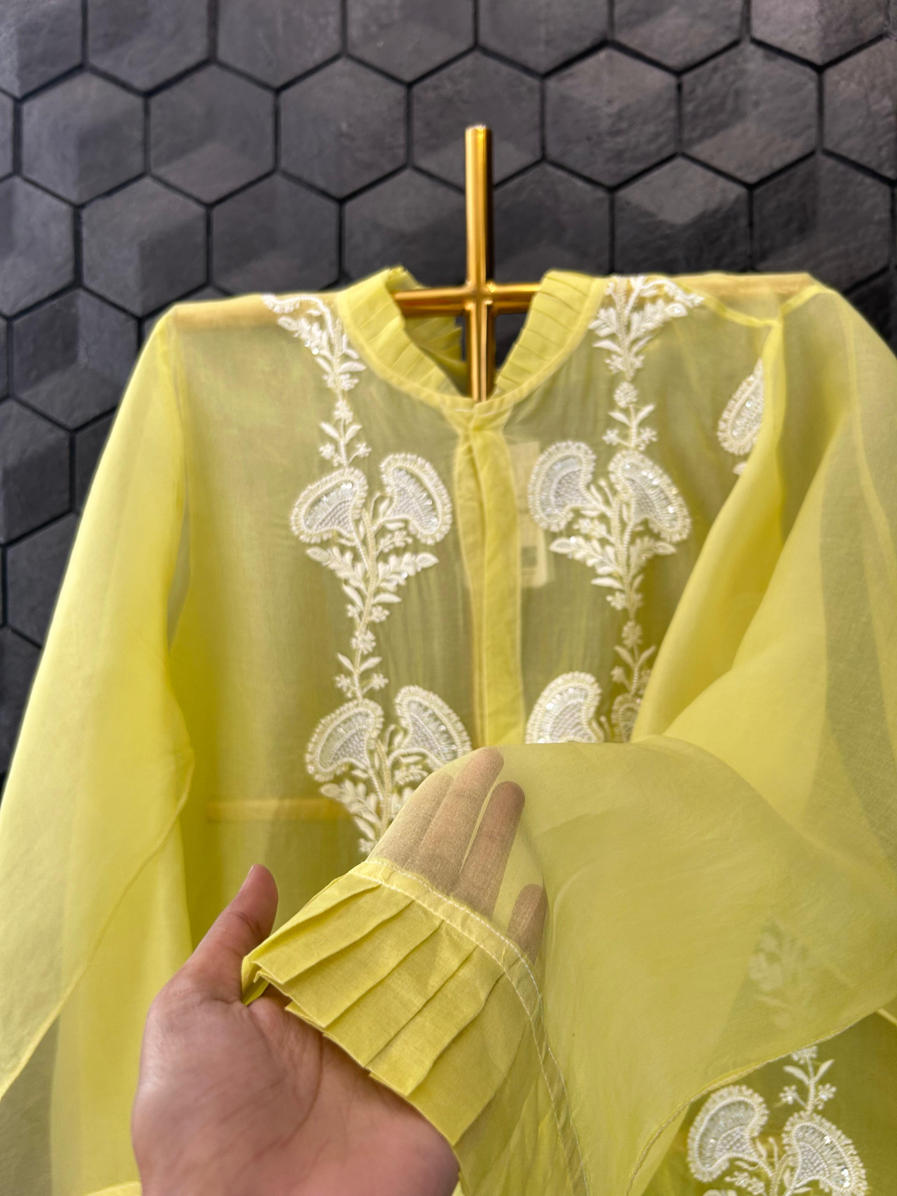 Lime green organza chikankari shirt