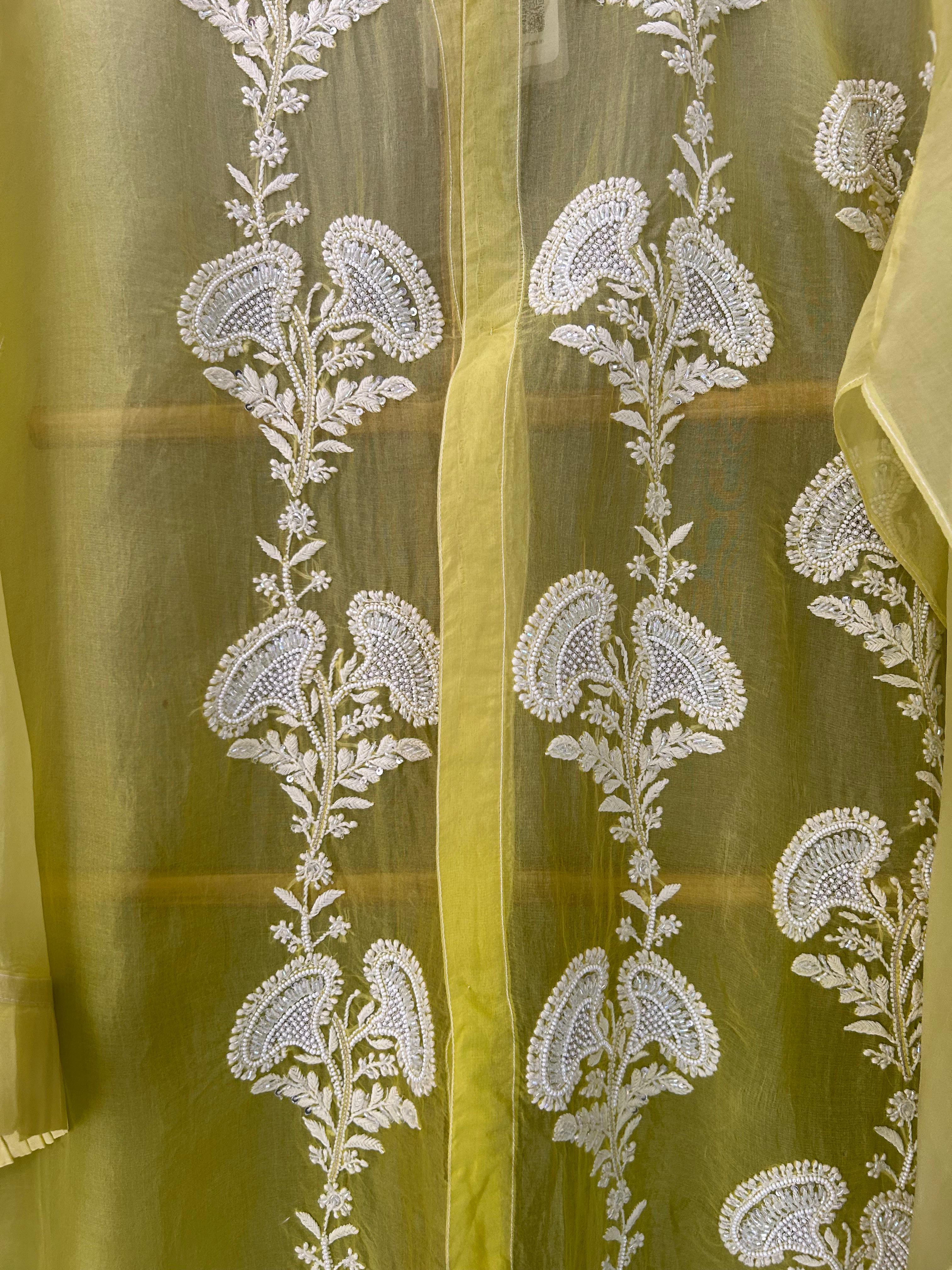 Lime green organza chikankari shirt