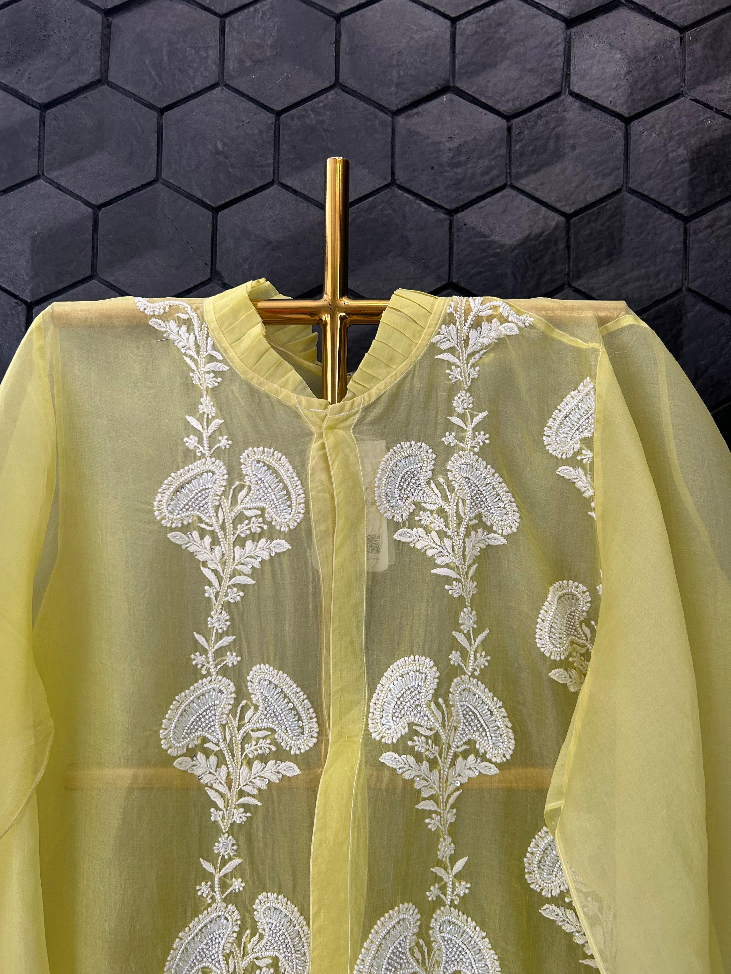 Lime green organza chikankari shirt