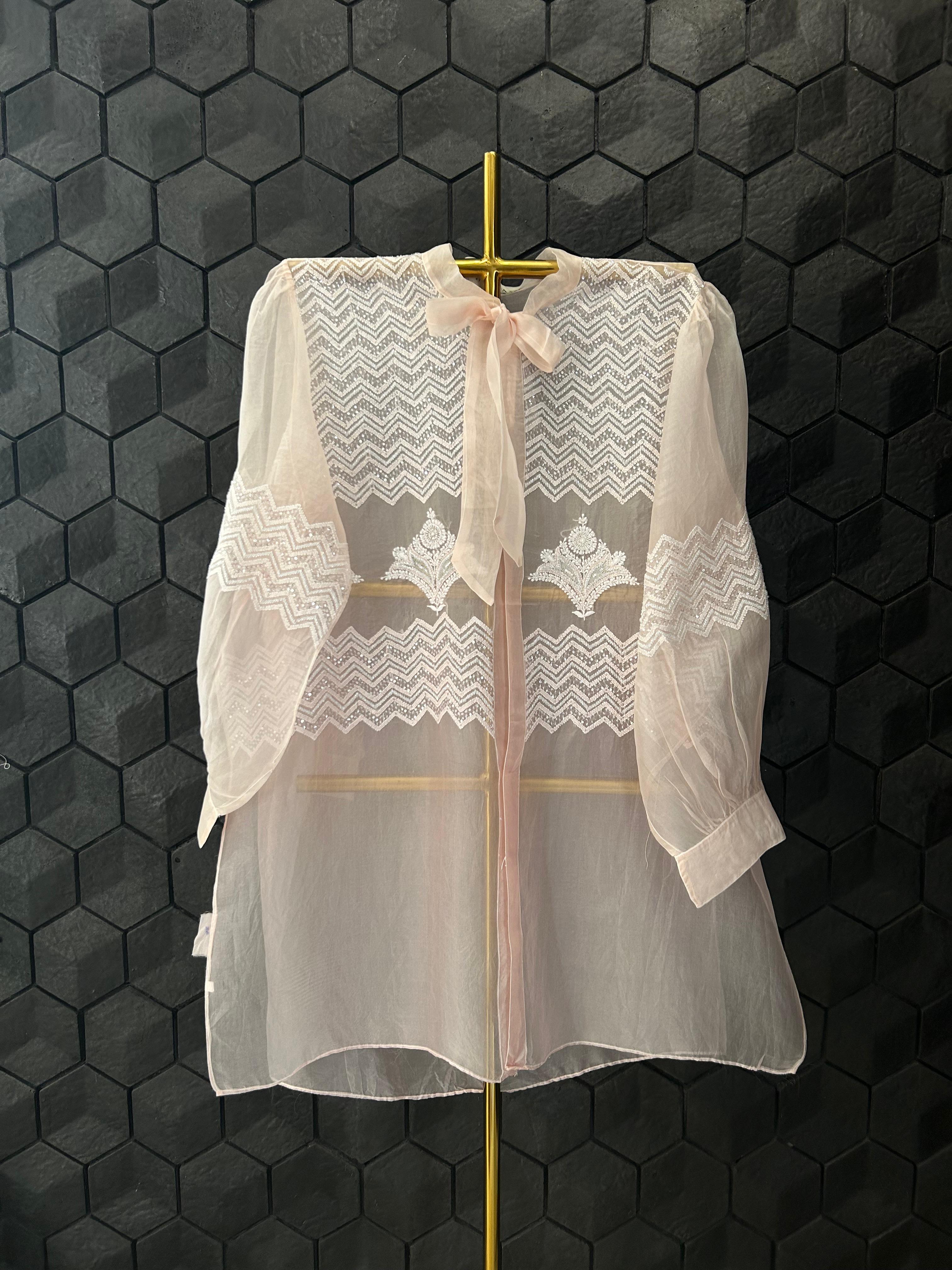 Pink organza chikankari shirt