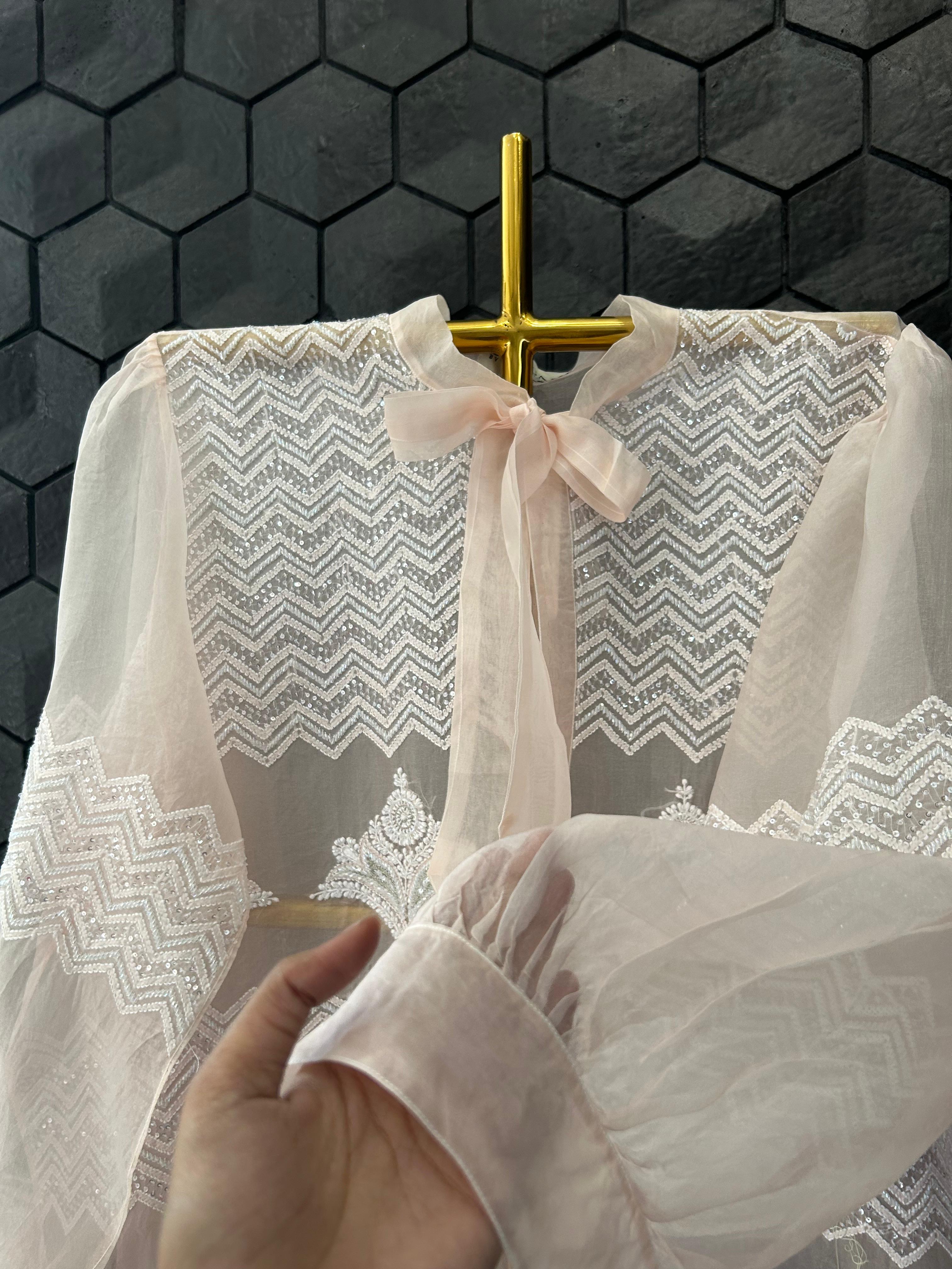 Pink organza chikankari shirt