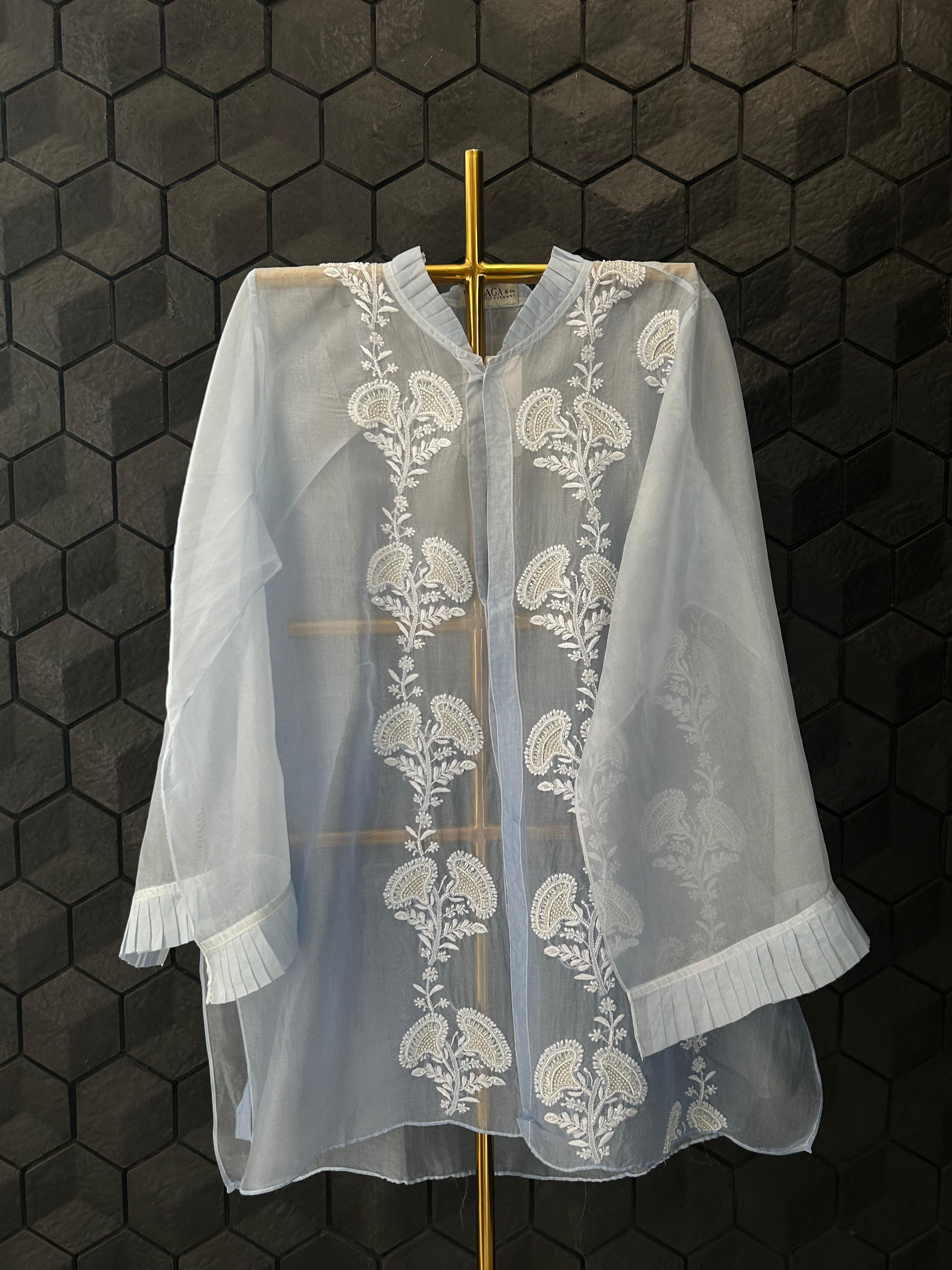 Sky blue organza chikankari shirt