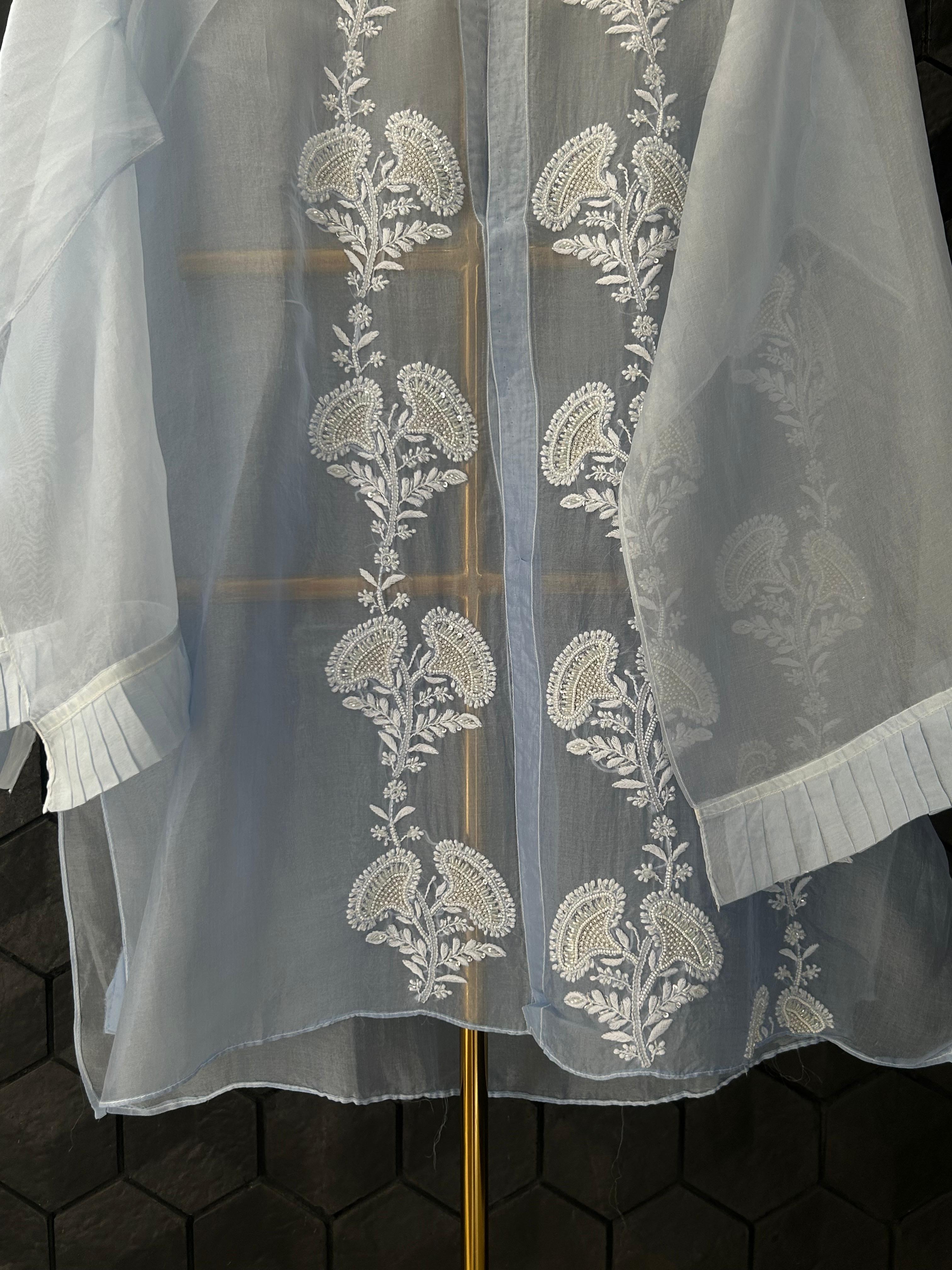 Sky blue organza chikankari shirt