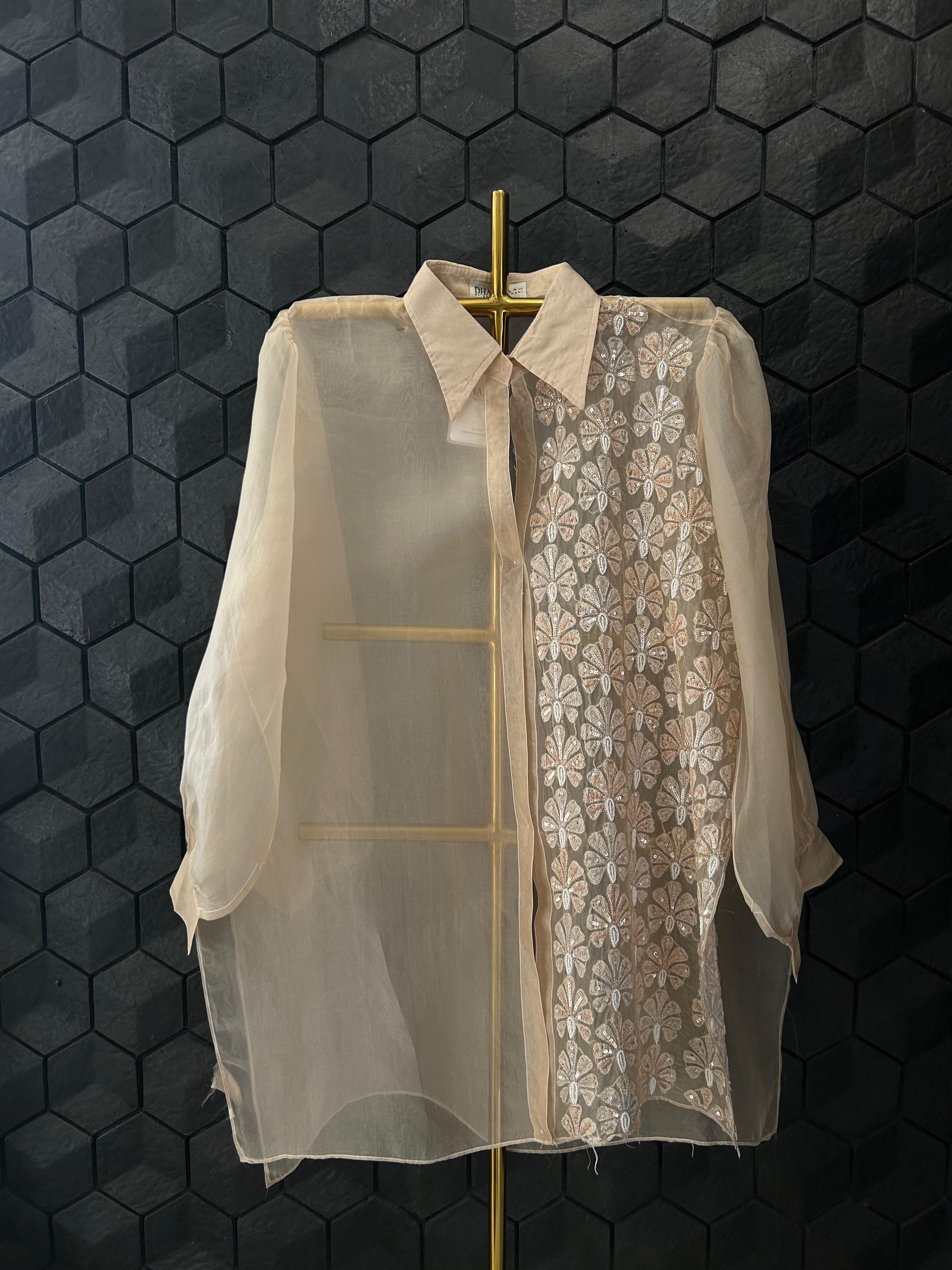 Peach organza chikankari shirt