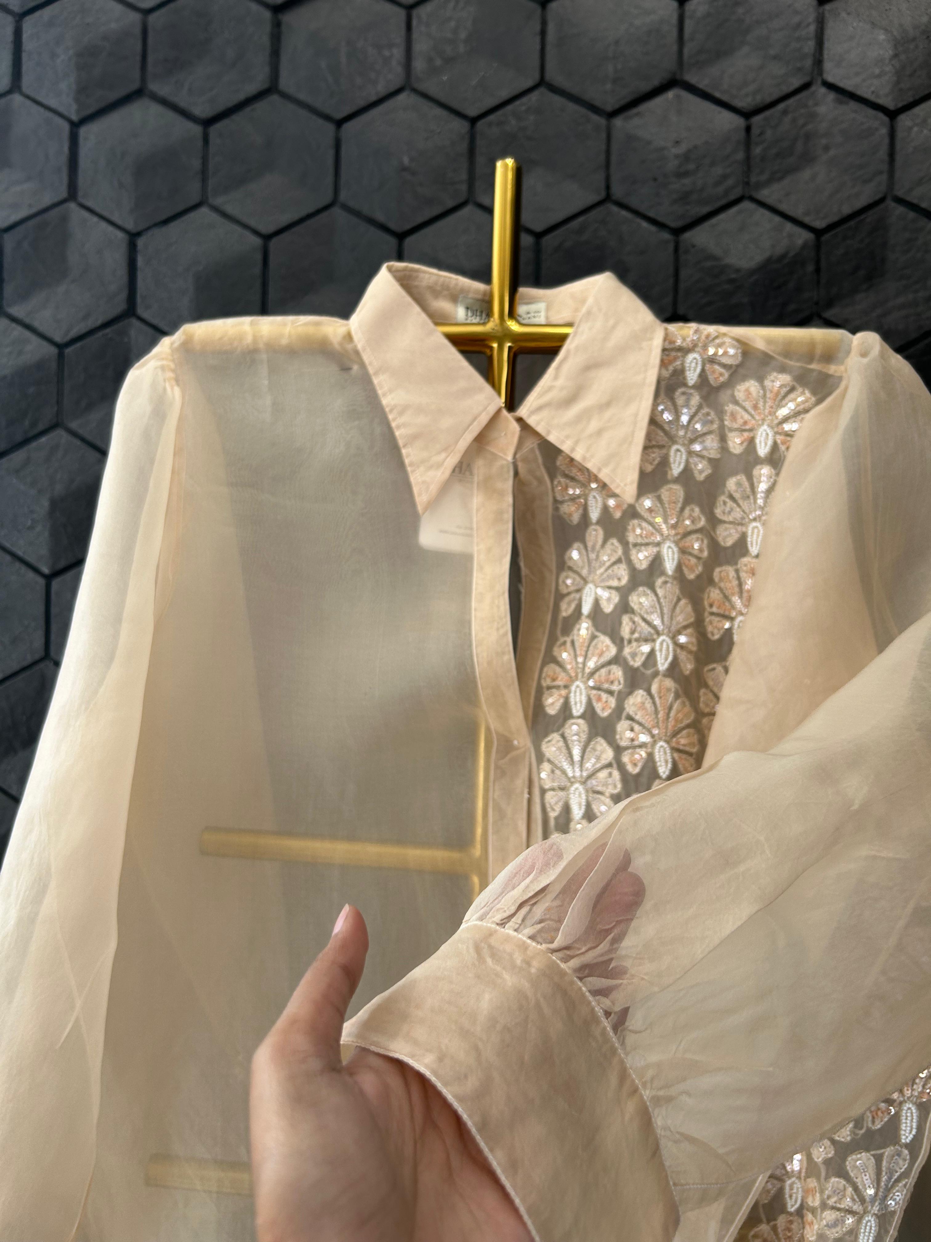 Peach organza chikankari shirt