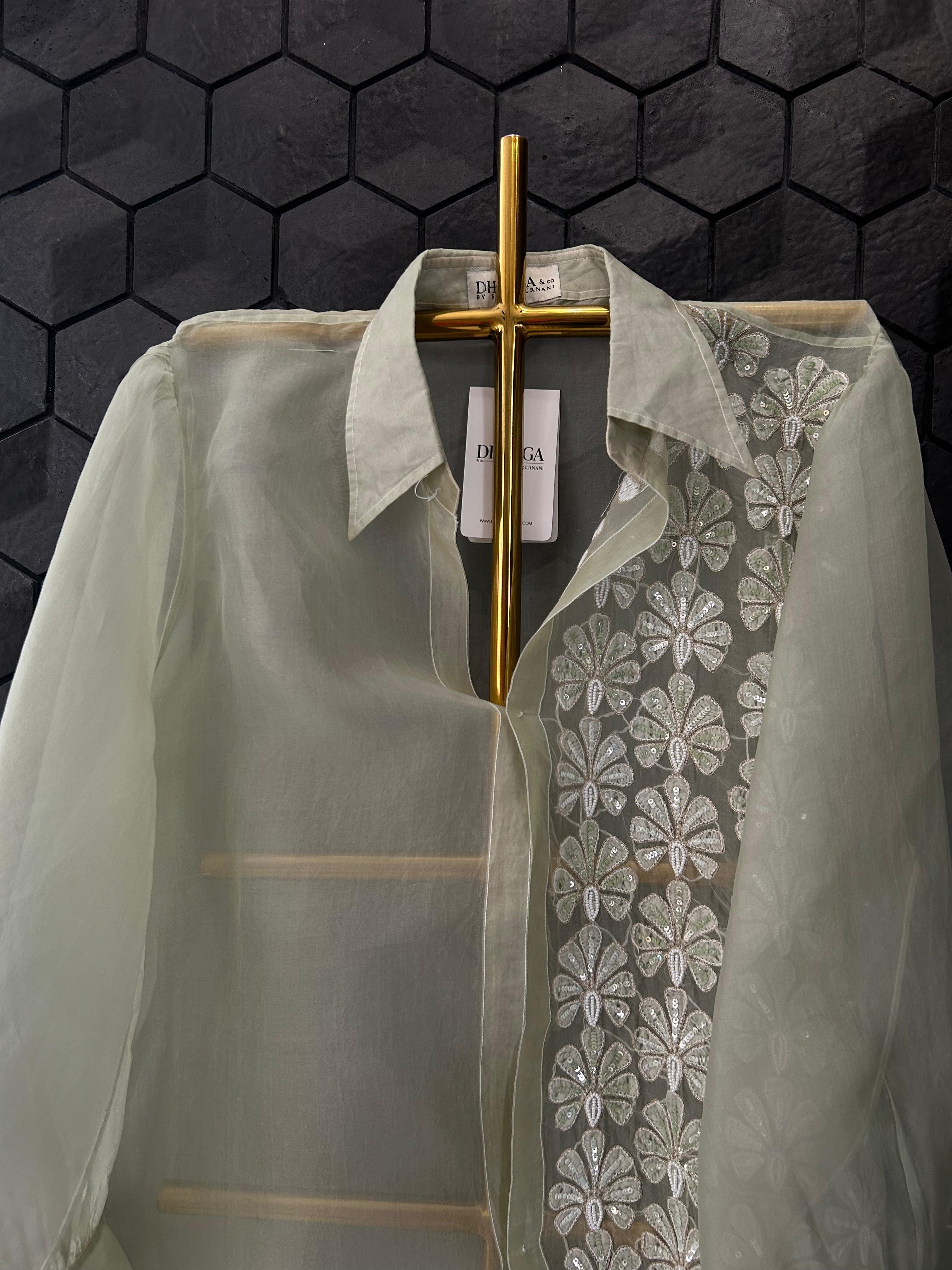 Green organza chikankari shirt