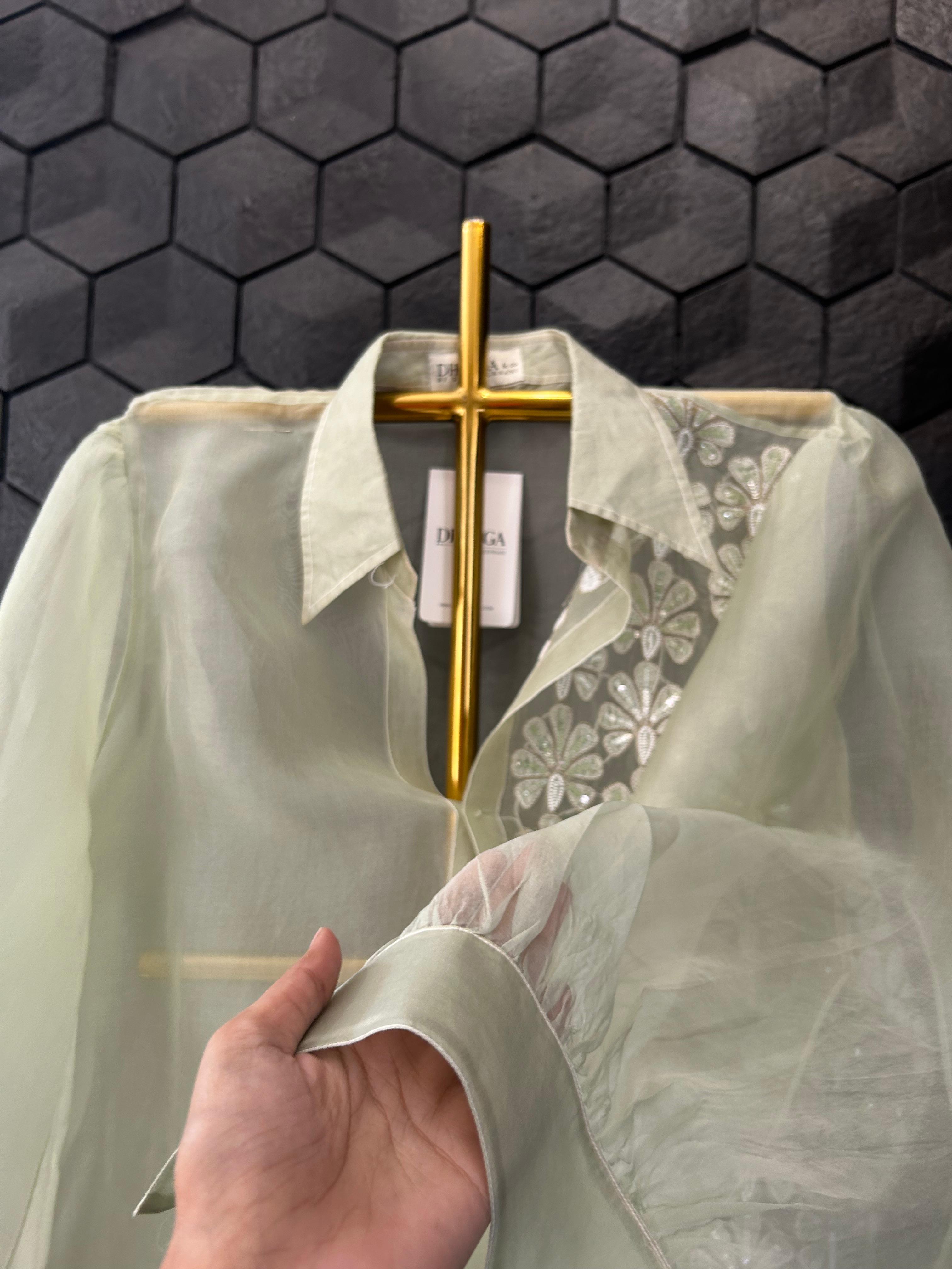 Green organza chikankari shirt