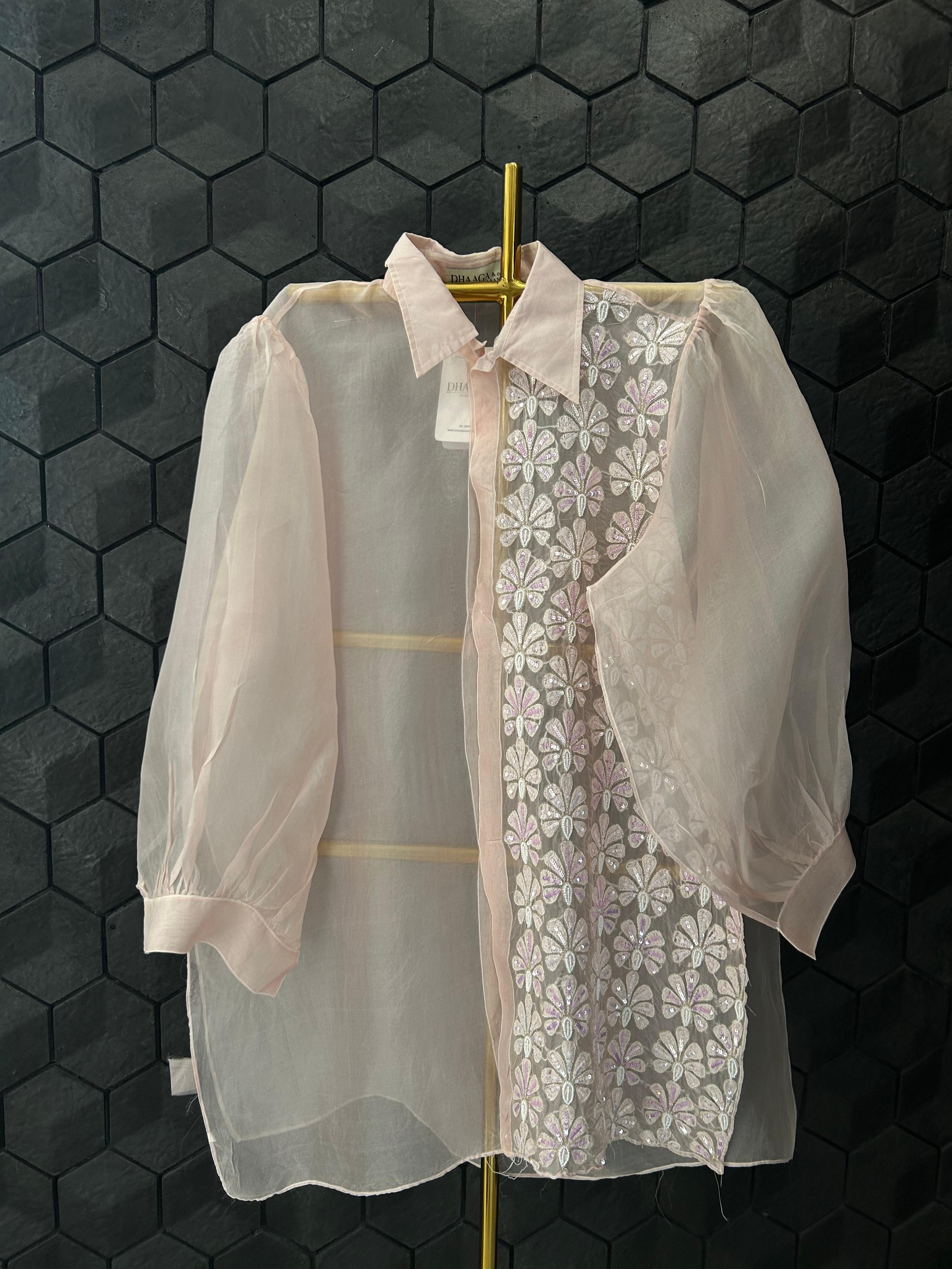 Pink organza chikankari shirt