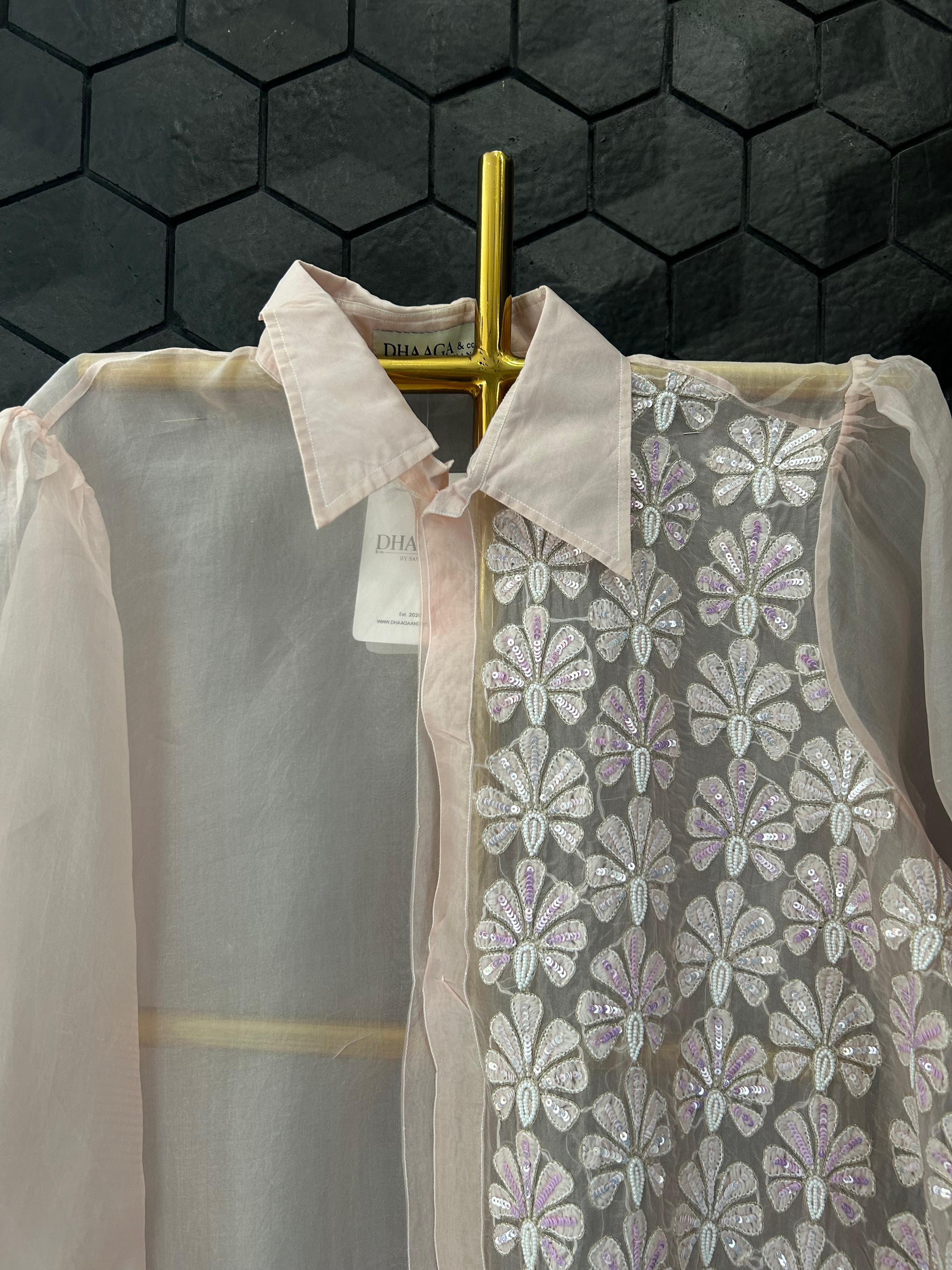 Pink organza chikankari shirt