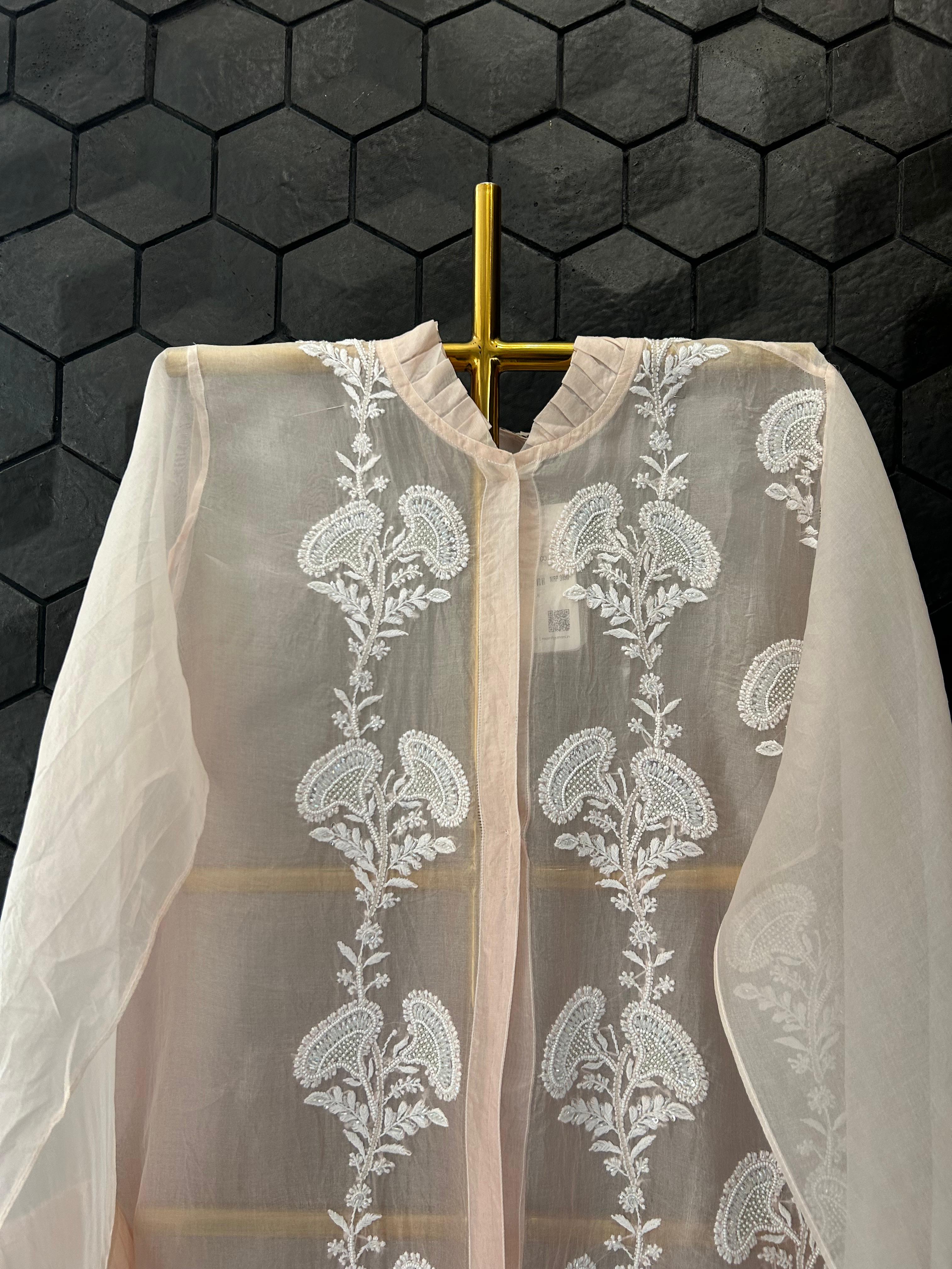 Pink organza chikankari shirt