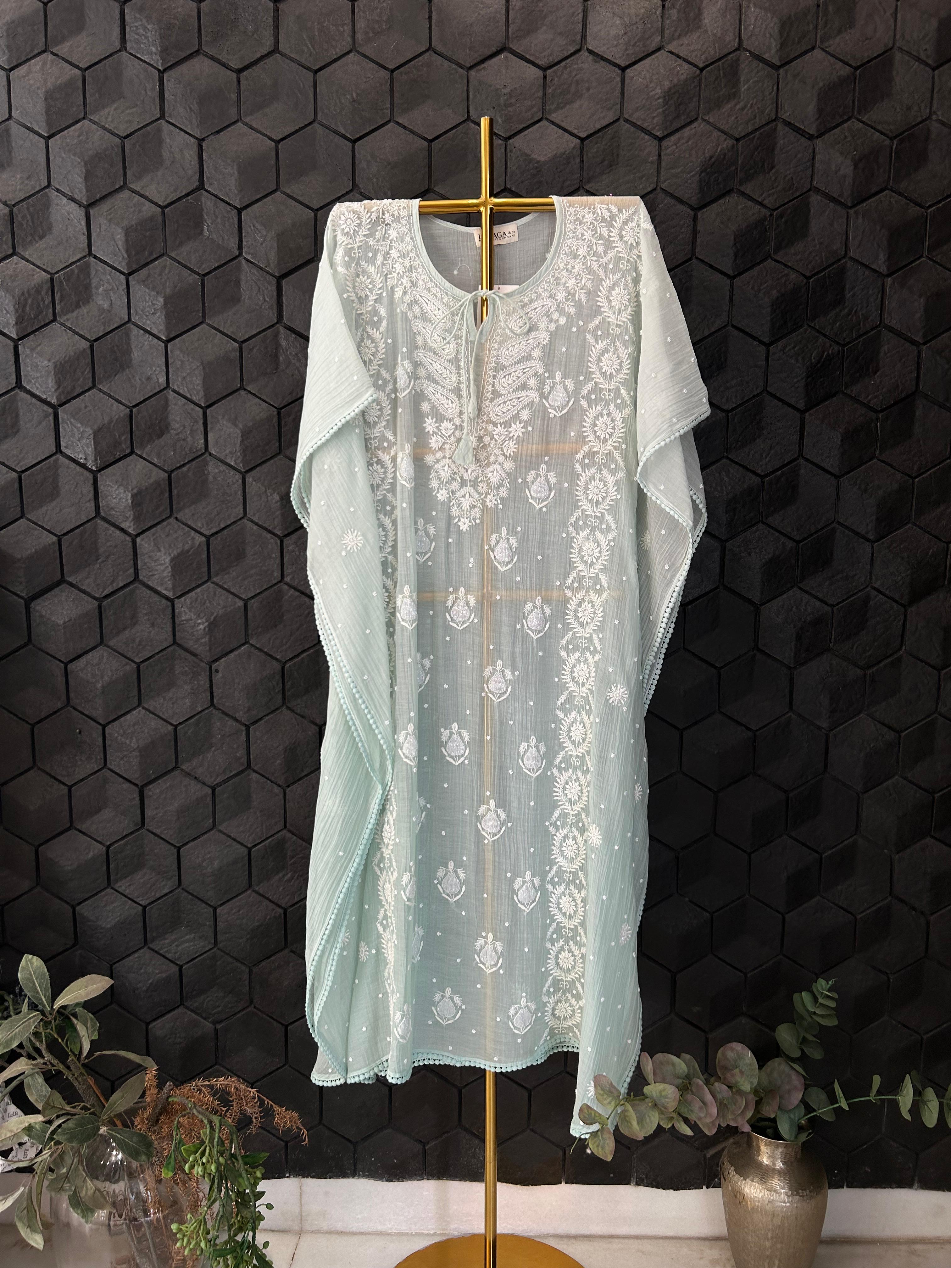 Green mul chanderi chikankari kaftan