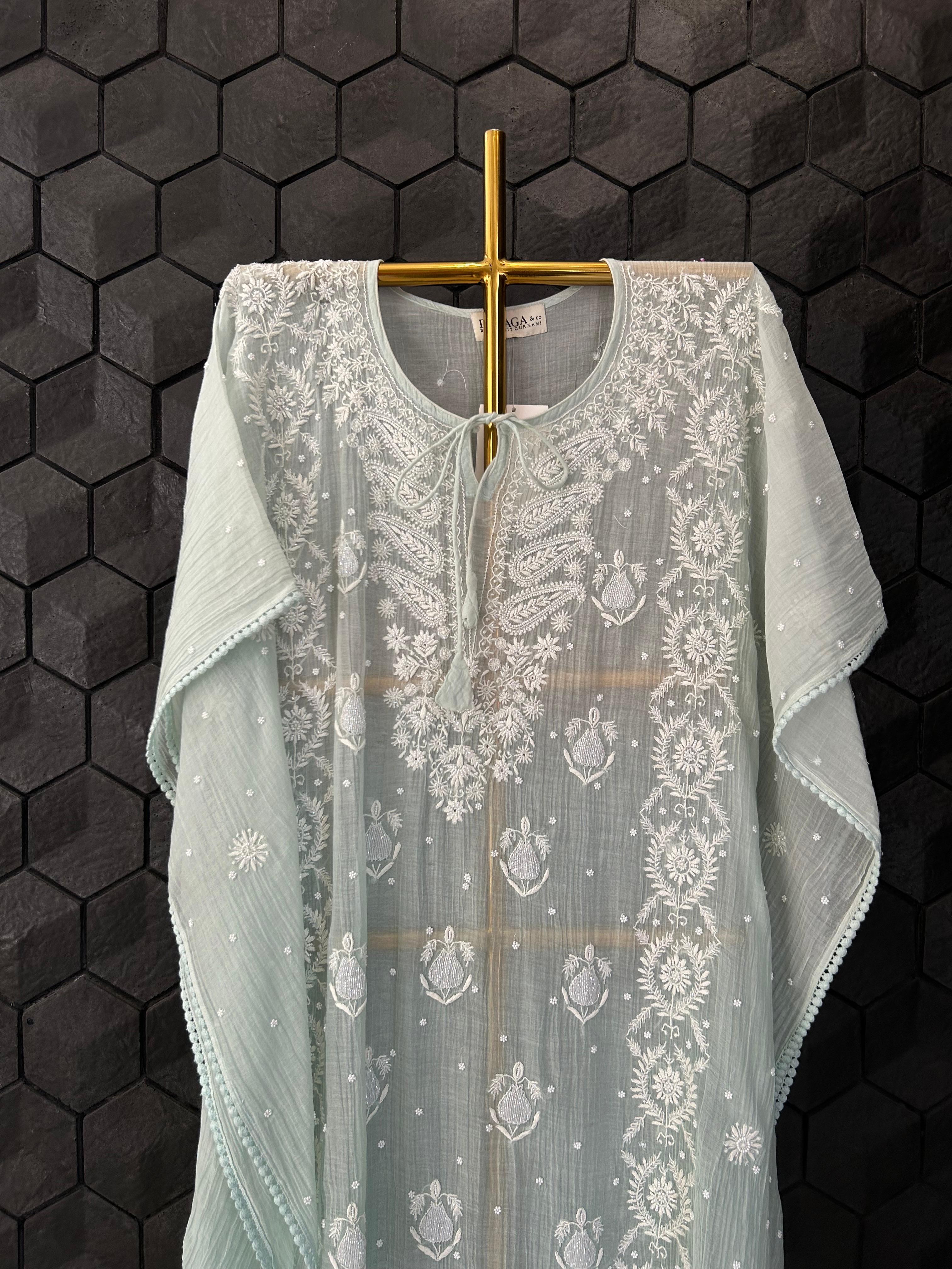 Green mul chanderi chikankari kaftan