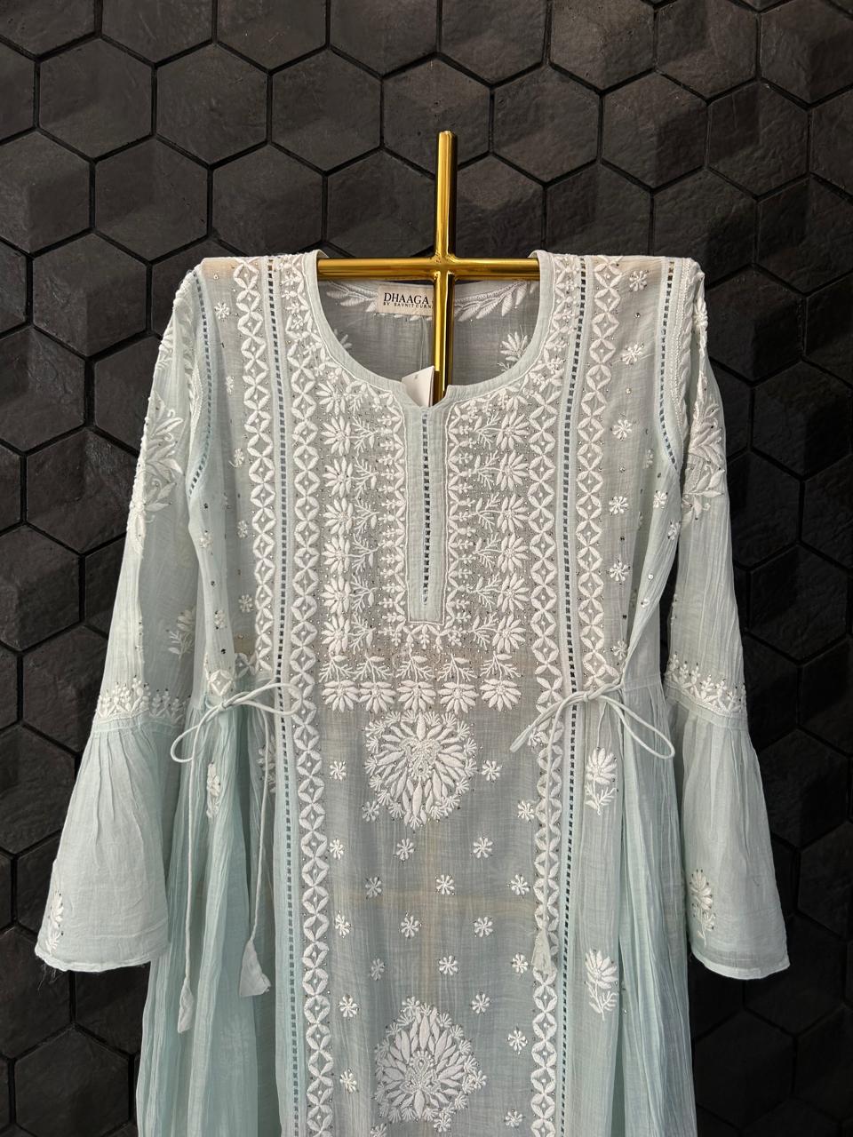 Sea Green Mul chanderi Chikankari Dress