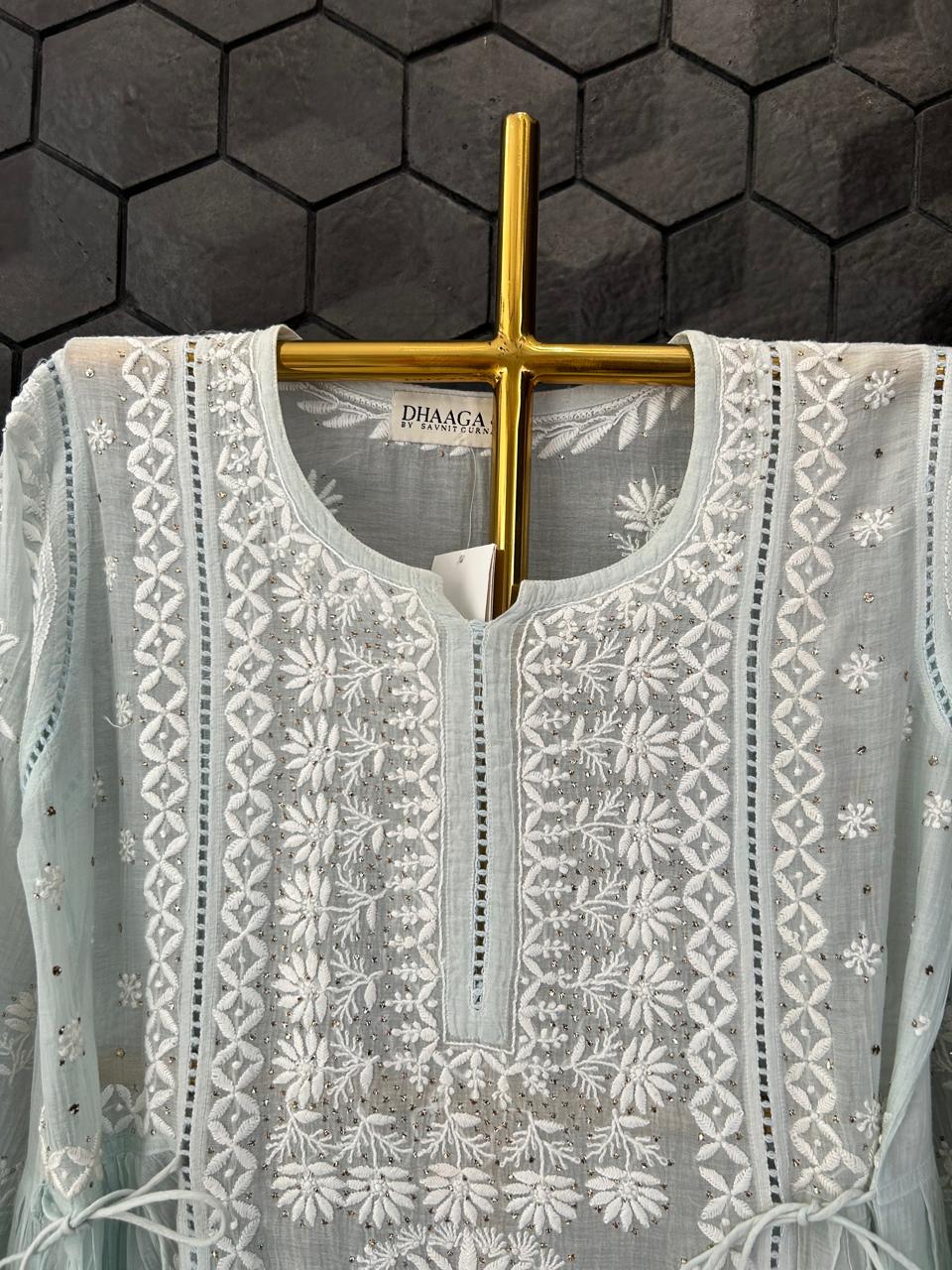 Sea Green Mul chanderi Chikankari Dress