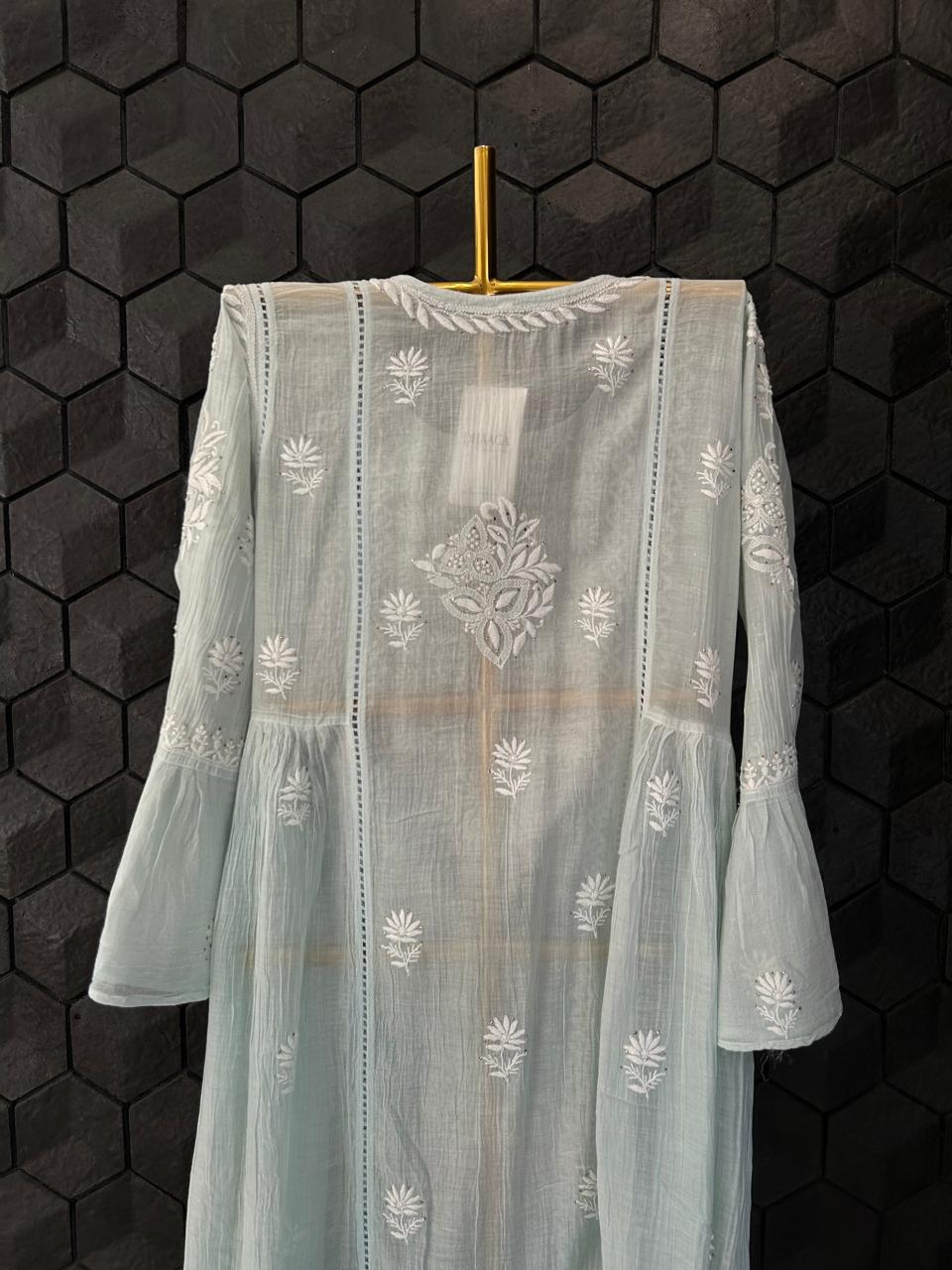 Sea Green Mul chanderi Chikankari Dress
