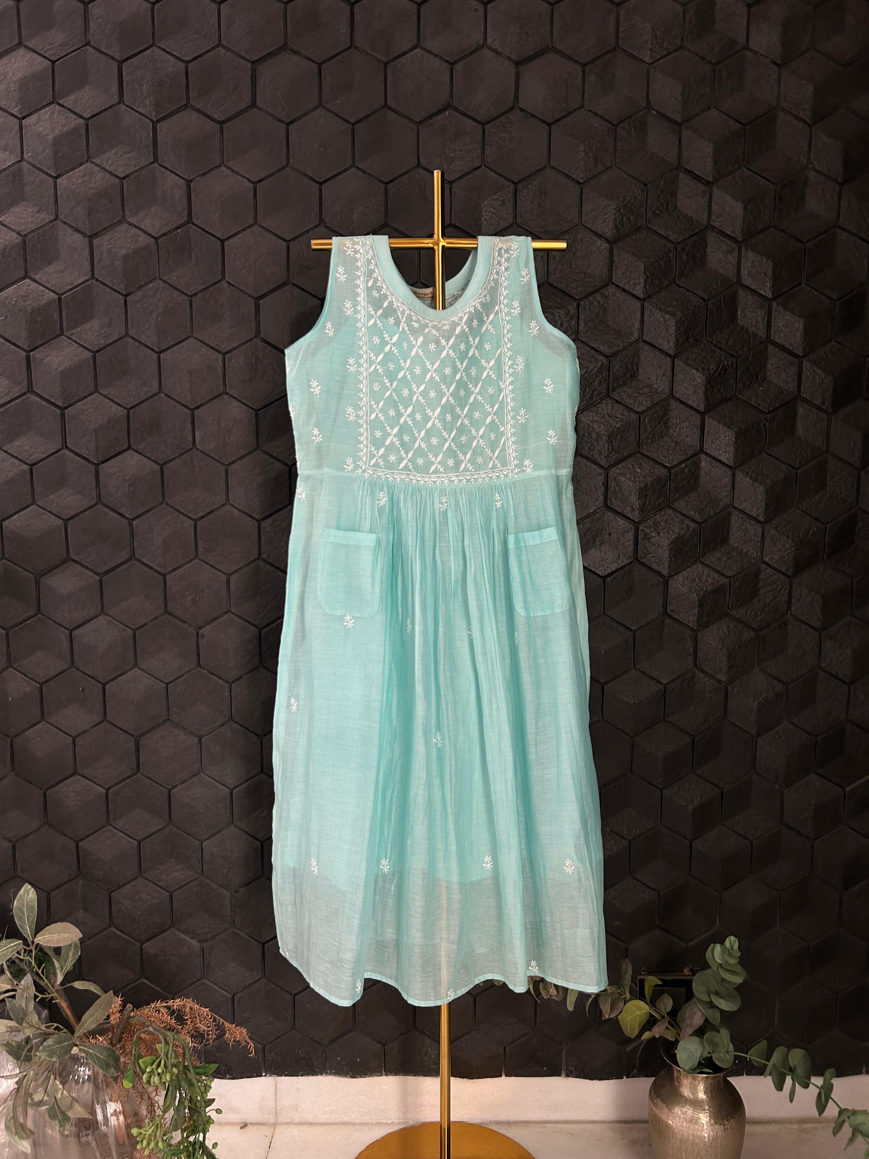 Sea Green mul chanderi chikankari dress