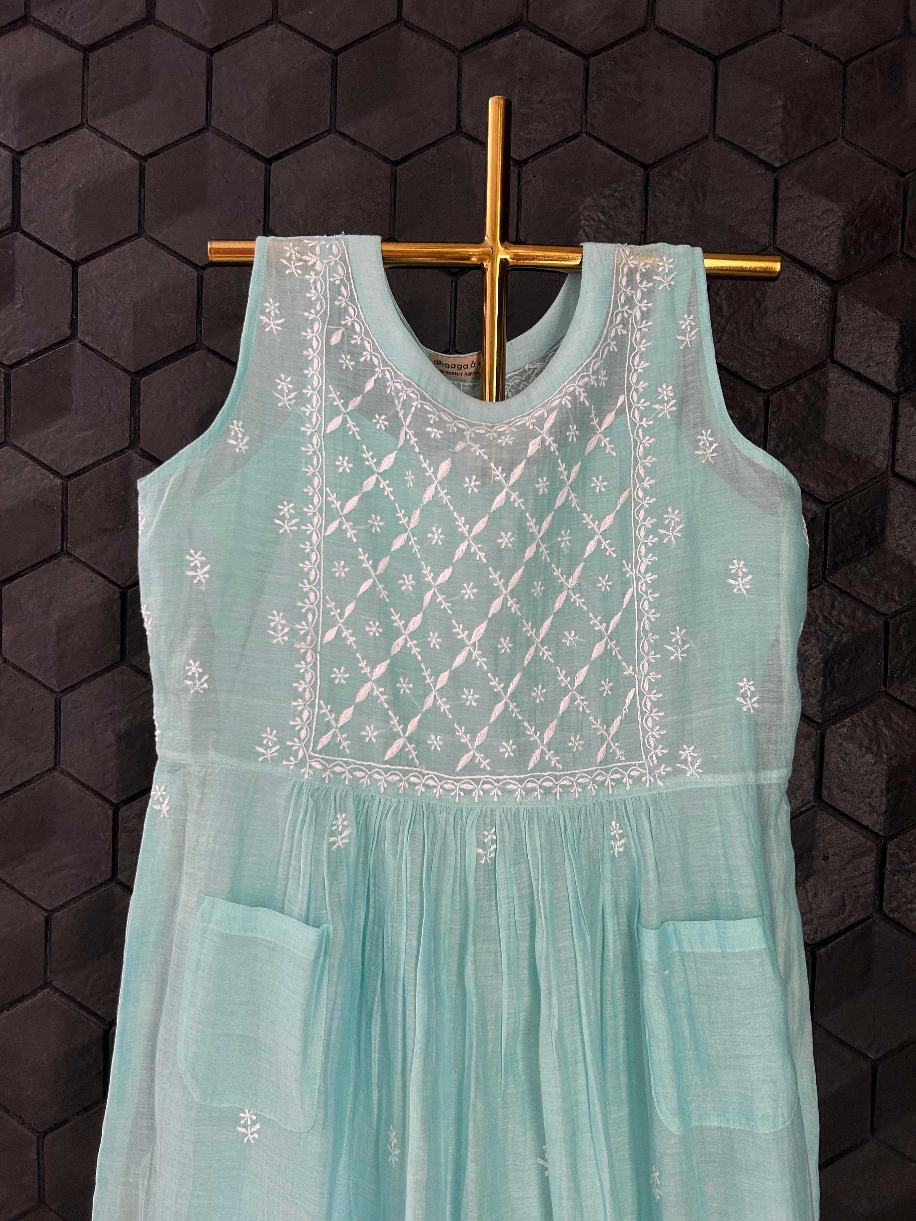 Sea Green mul chanderi chikankari dress