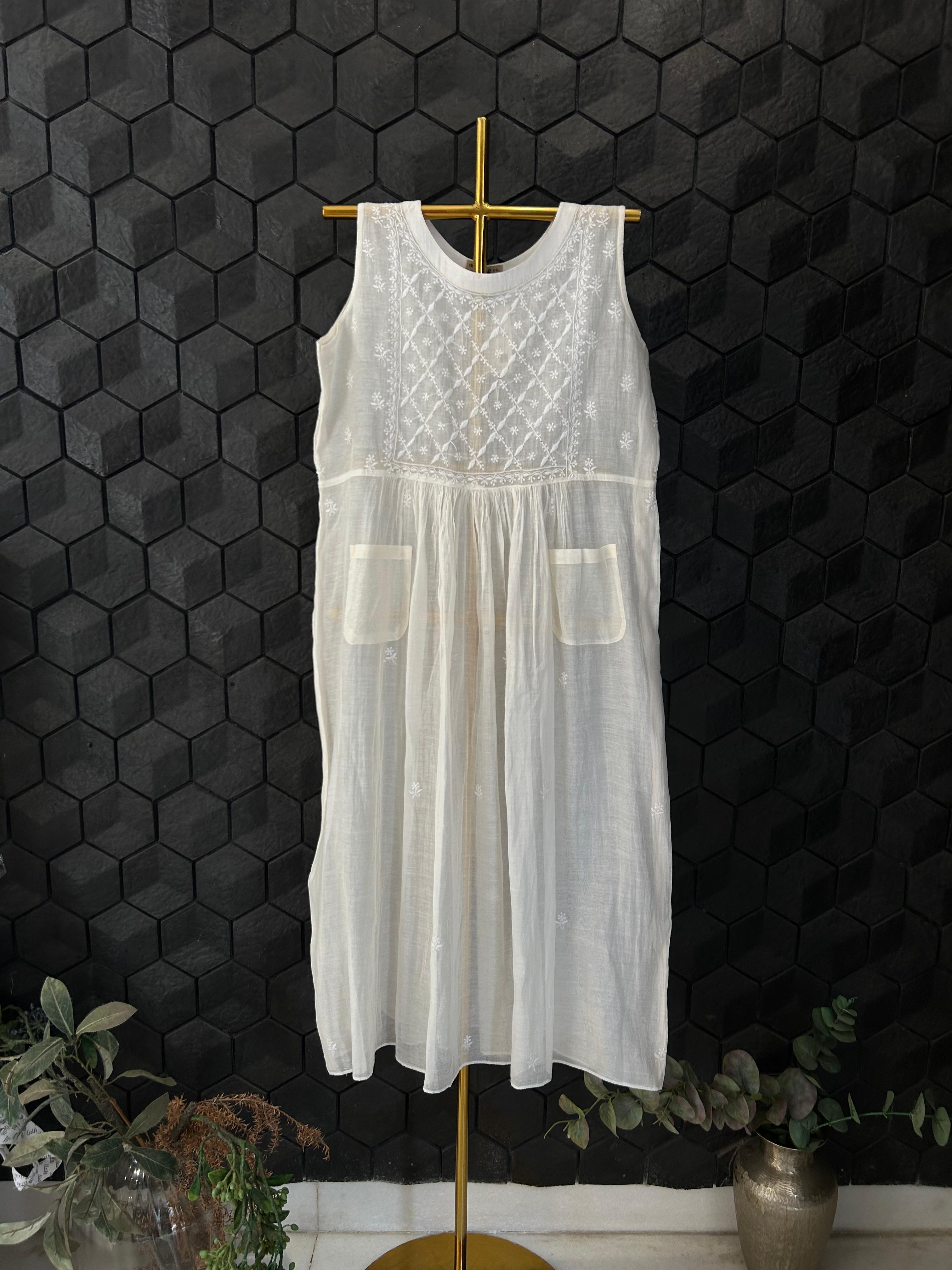 White mul chanderi chikankari dress