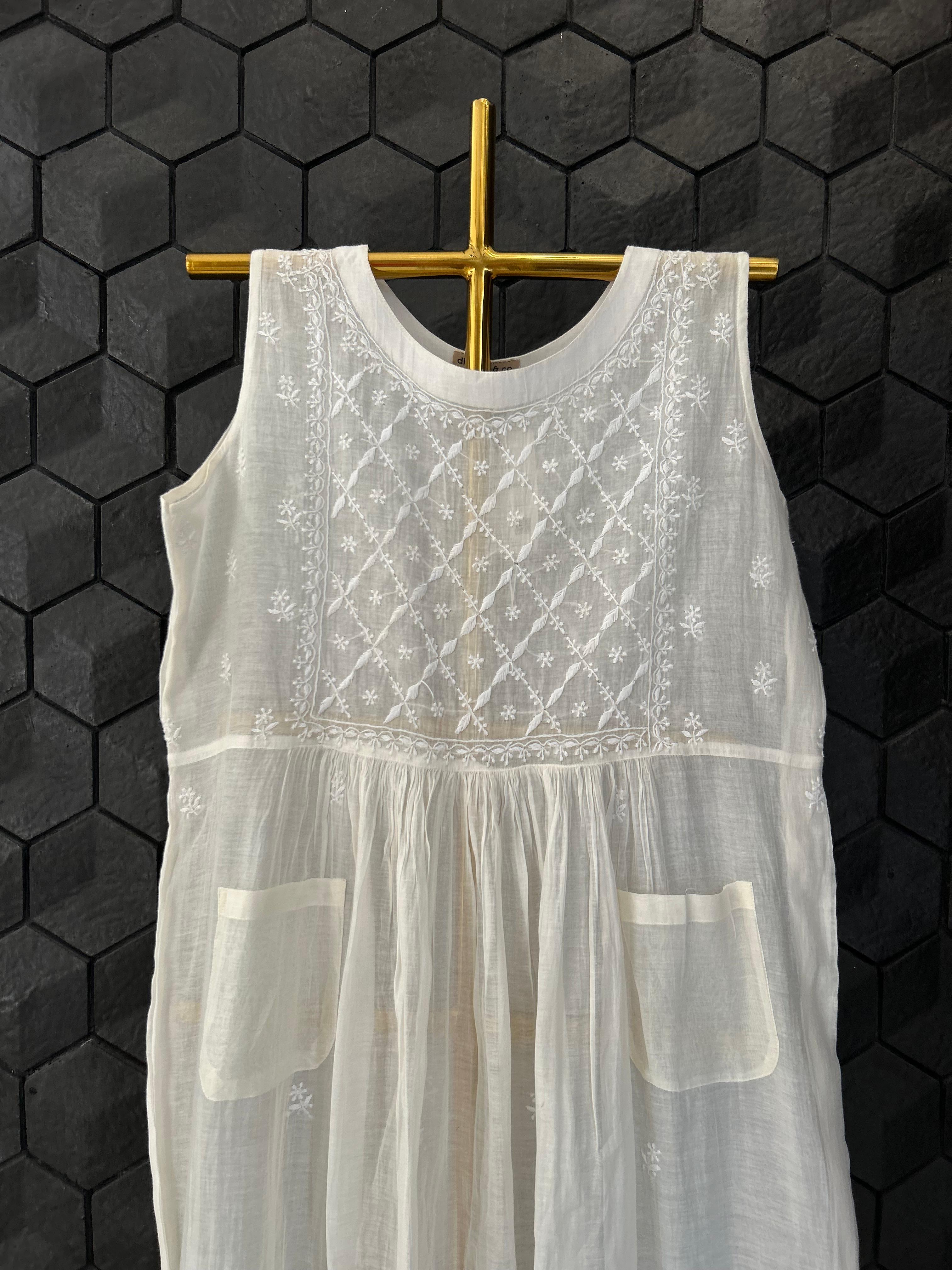 White mul chanderi chikankari dress