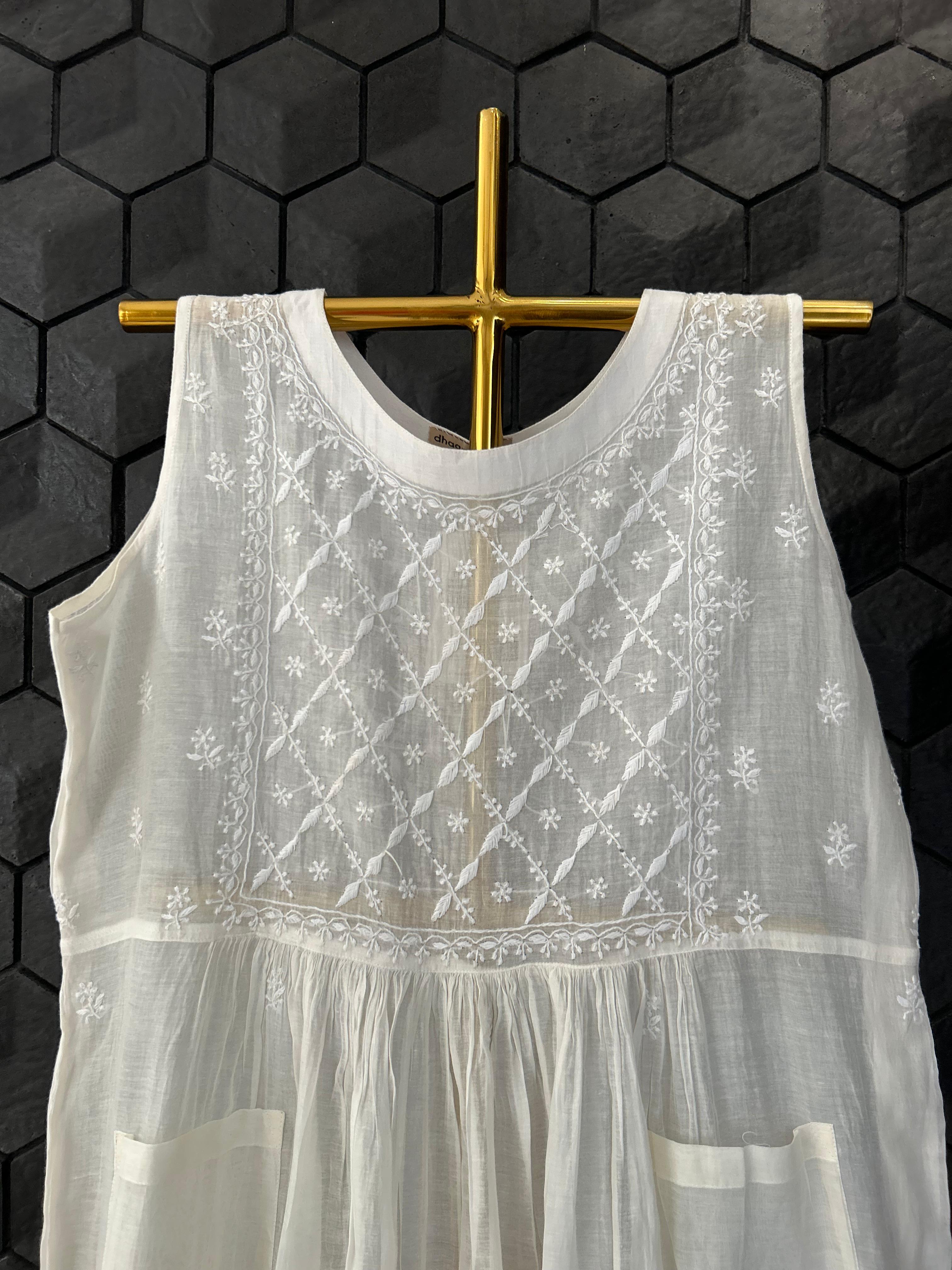 White mul chanderi chikankari dress