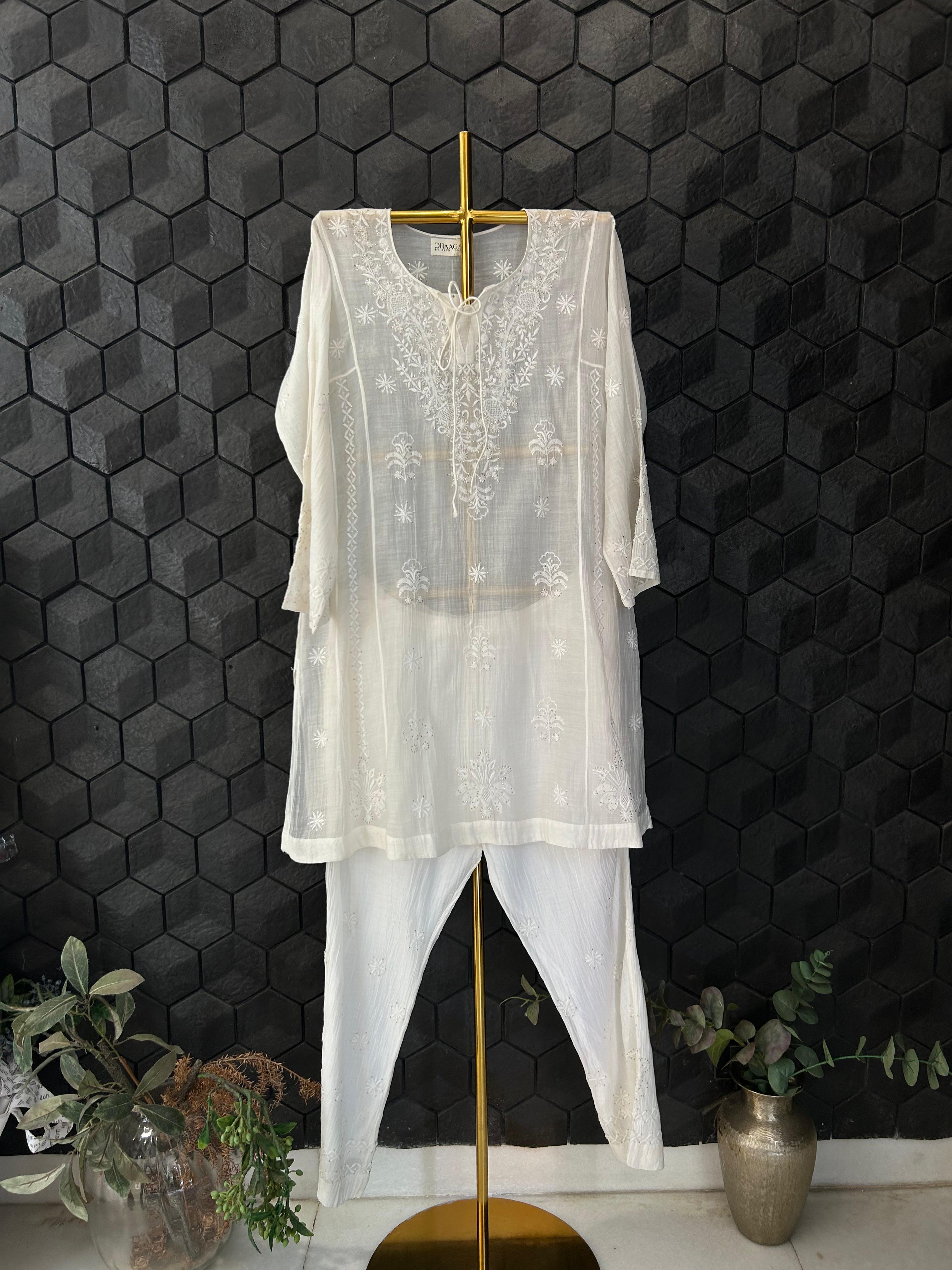 White mul chanderi chikankari co-ord set