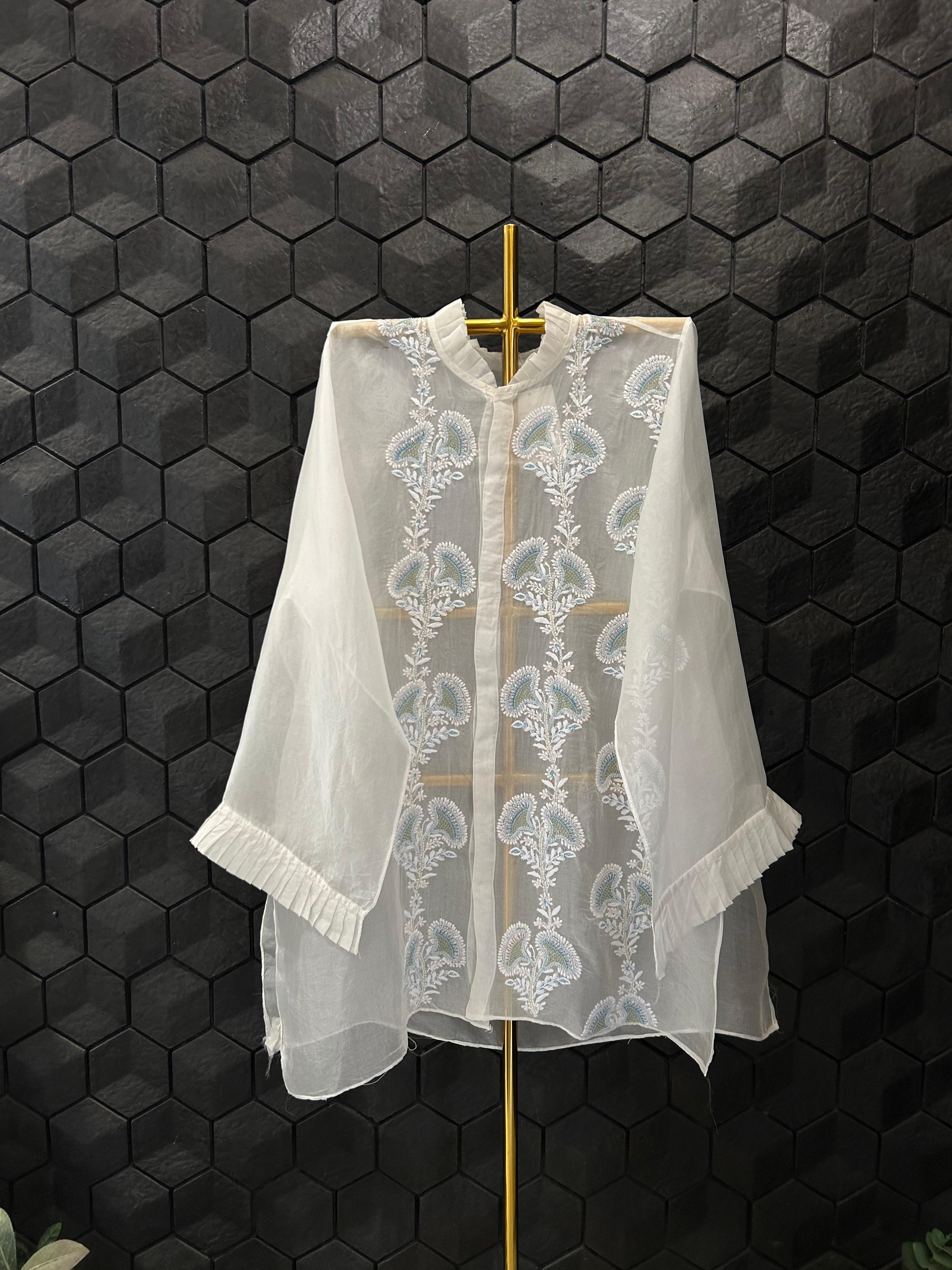 White organza chikankari shirt