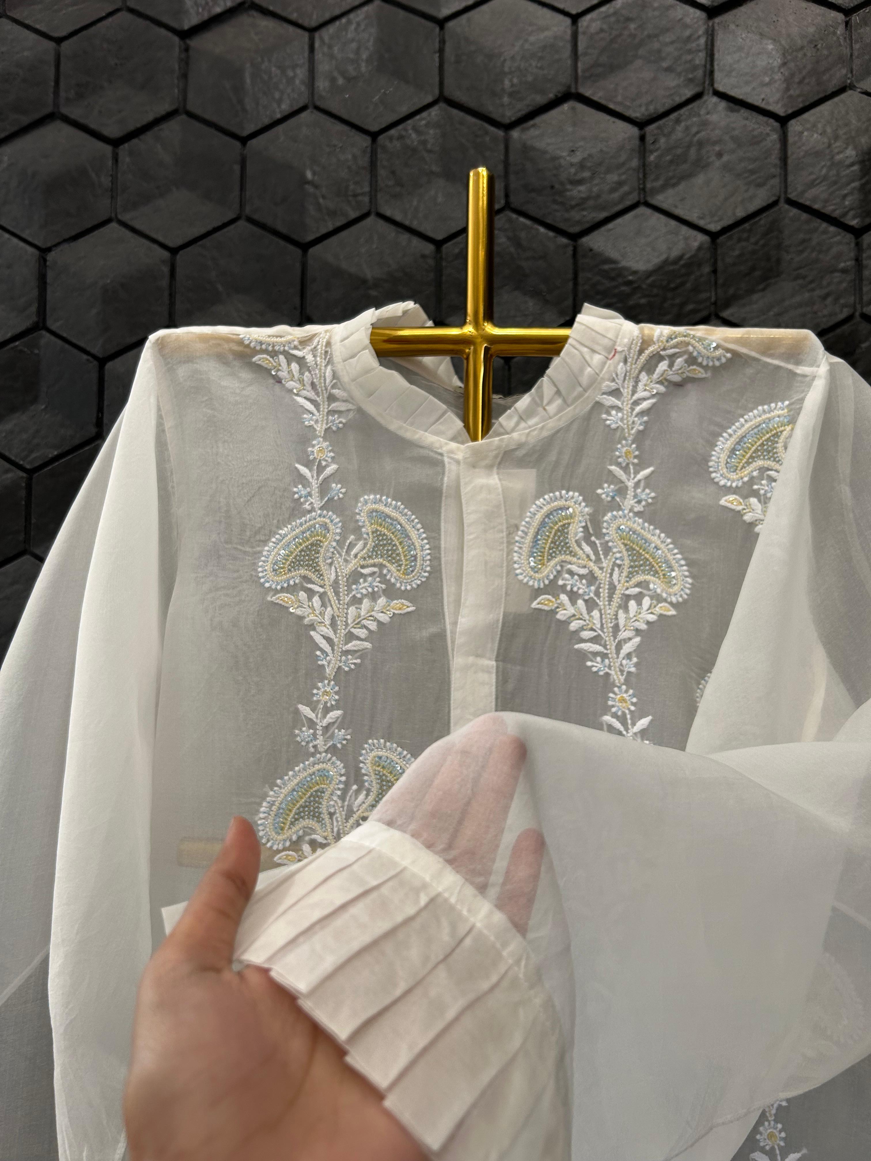 White organza chikankari shirt